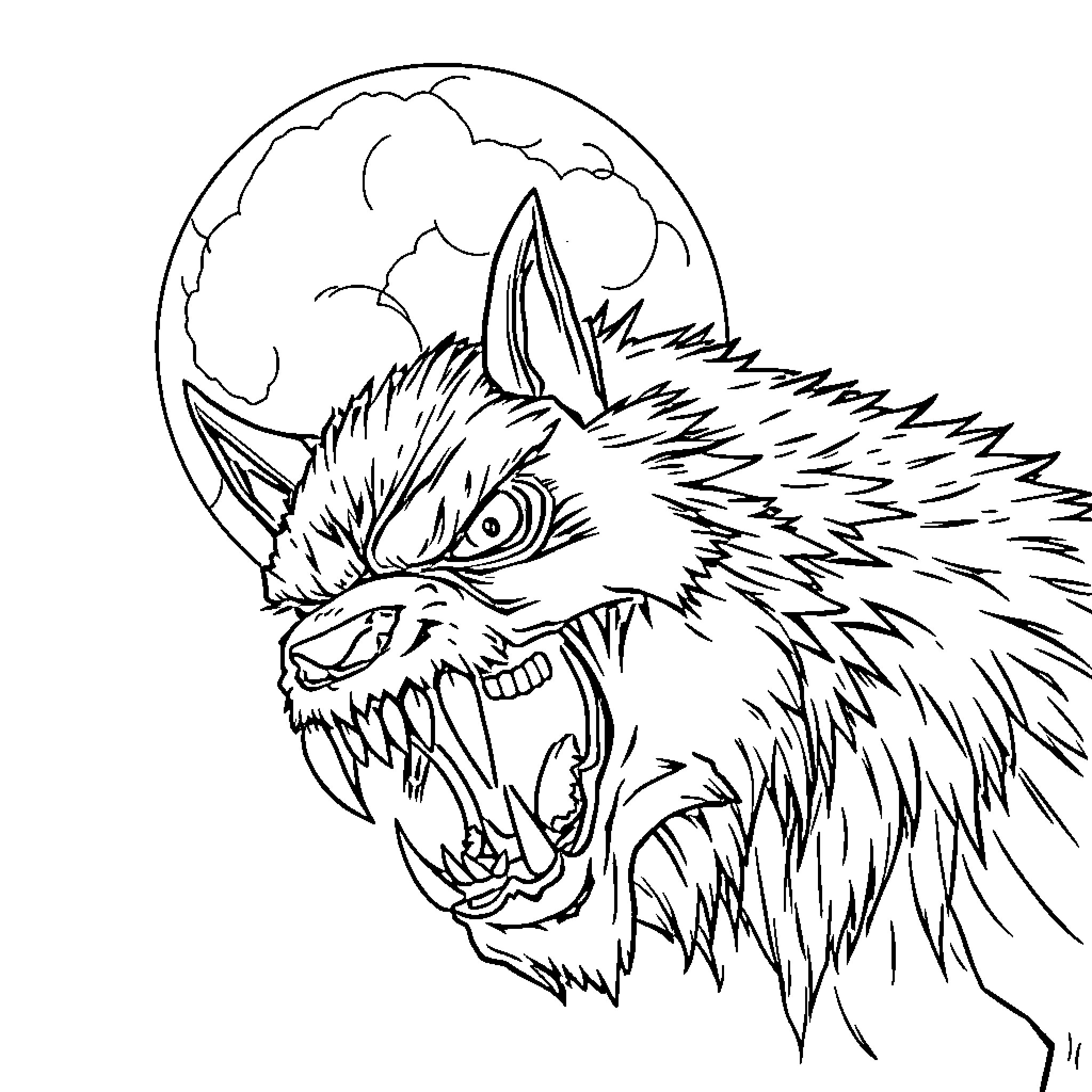 Werewolf howling under the full moon Coloring Page (free black-and-white line drawing printable PDF for all, from beginners to advanced learners, including children, teens, adults, and seniors)