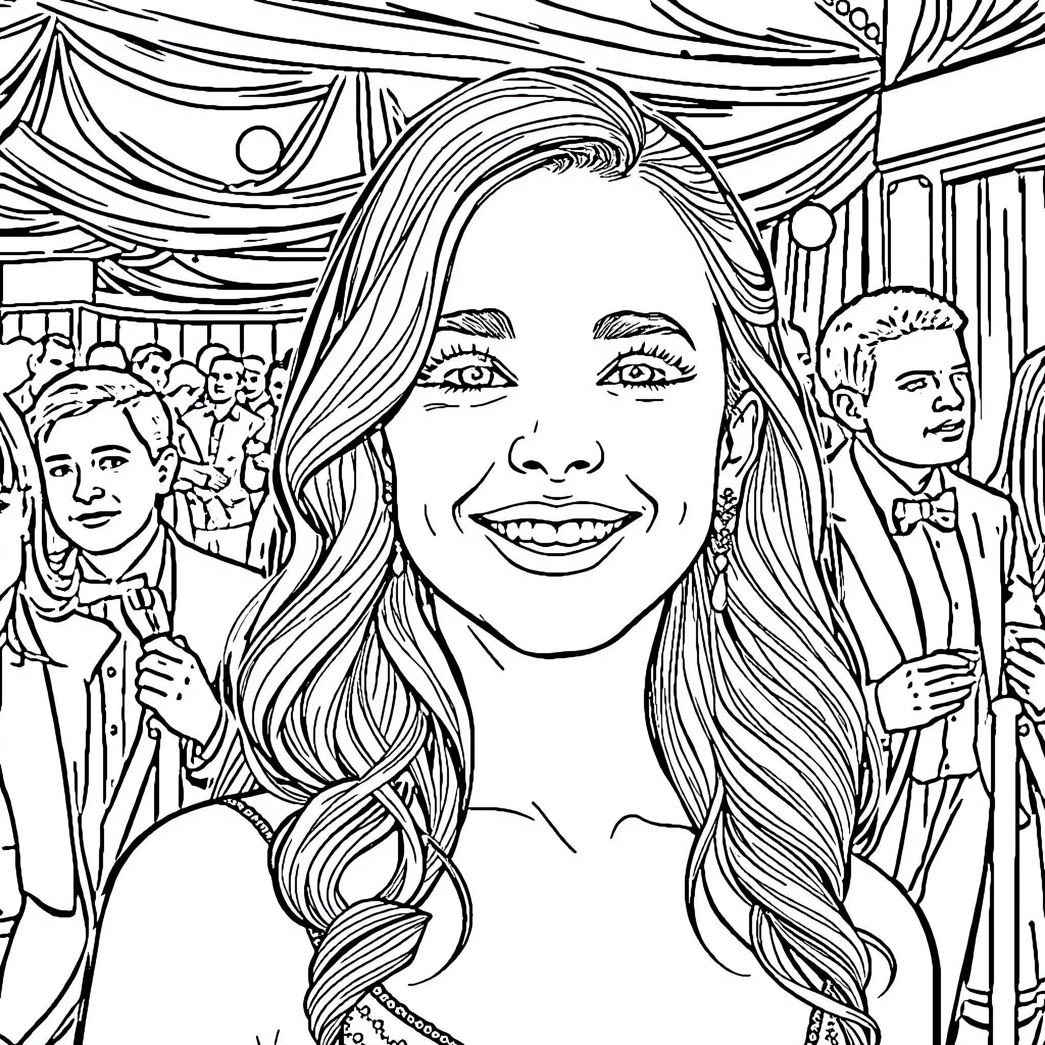 Sabrina Carpenter Smiling Happily at a Formal Event Coloring Page (free black-and-white line drawing printable PDF for all, from beginners to advanced learners, including children, teens, adults, and seniors)