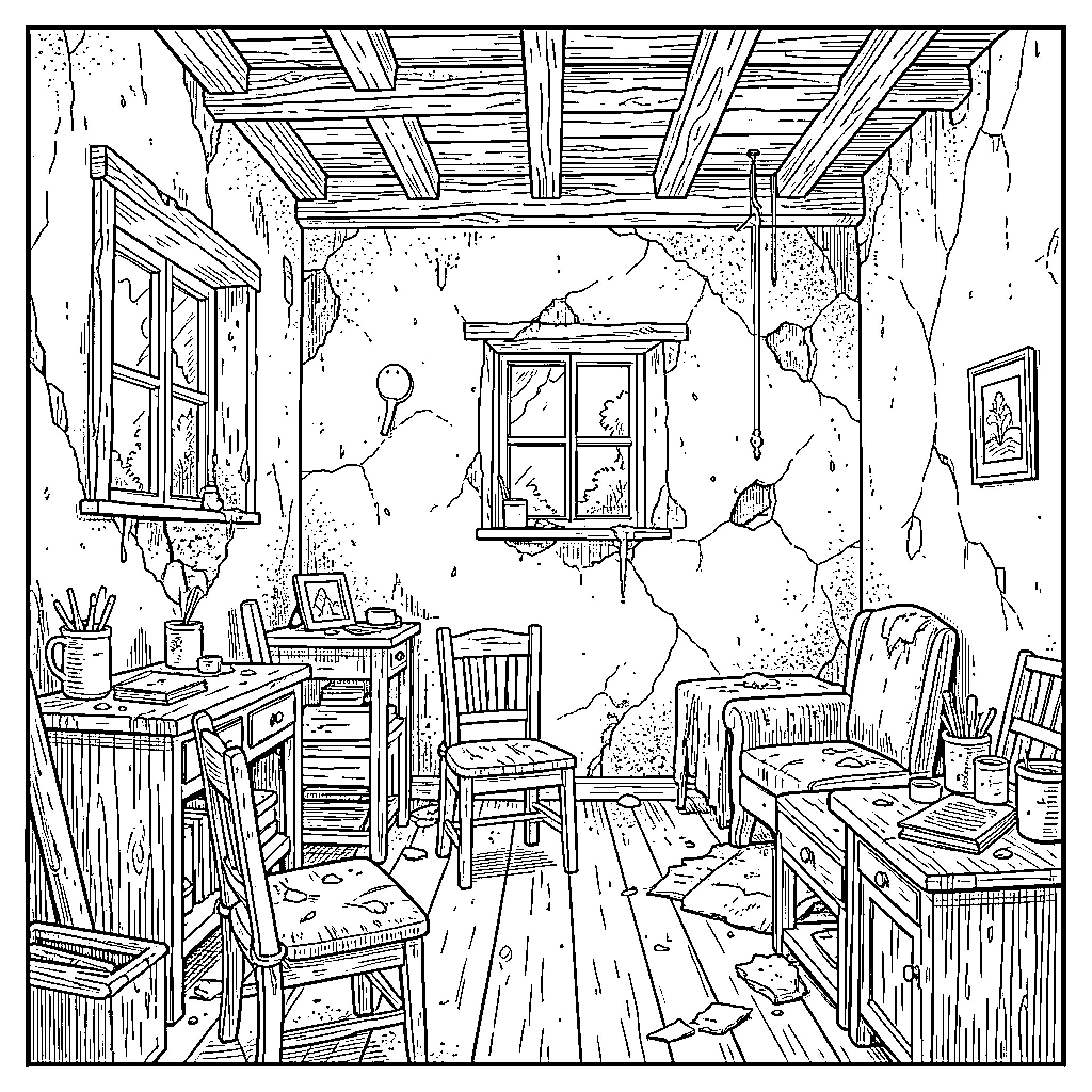 Secret Room showing an abandoned and messy old attic Coloring Page (free black-and-white line drawing printable PDF for all, from beginners to advanced learners, including children, teens, adults, and seniors)