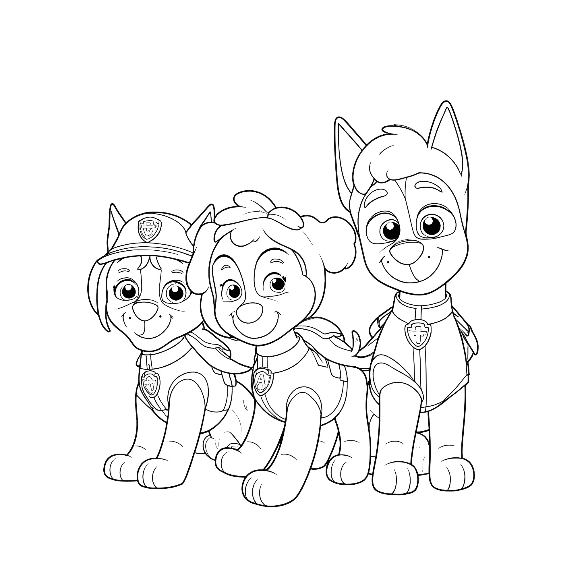Paw Patrol puppies in their uniforms Coloring Page (free black-and-white line drawing printable PDF for all, from beginners to advanced learners, including children, teens, adults, and seniors)