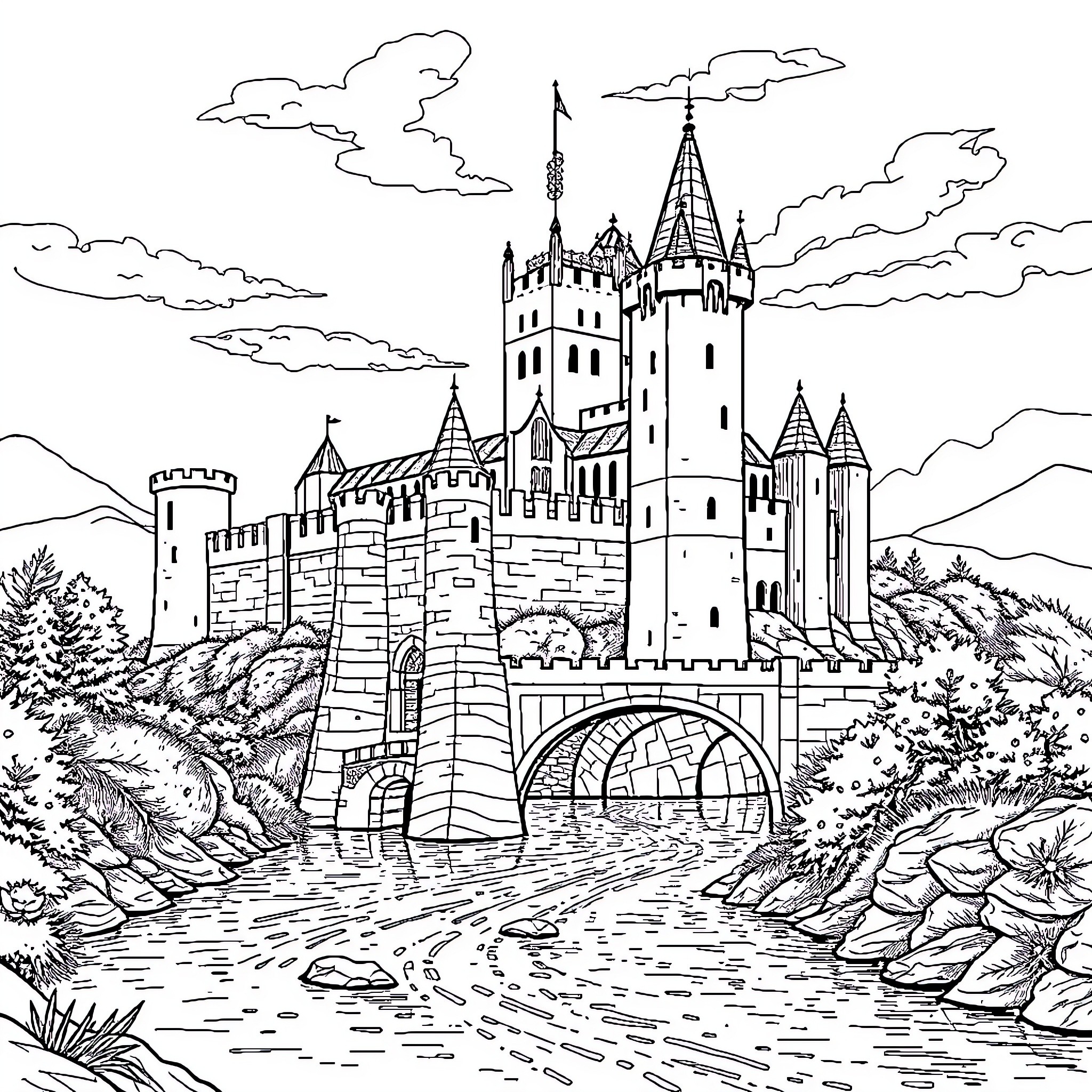 Castle perched on a bridge over a river Coloring Page (free black-and-white line drawing printable PDF for all, from beginners to advanced learners, including children, teens, adults, and seniors)