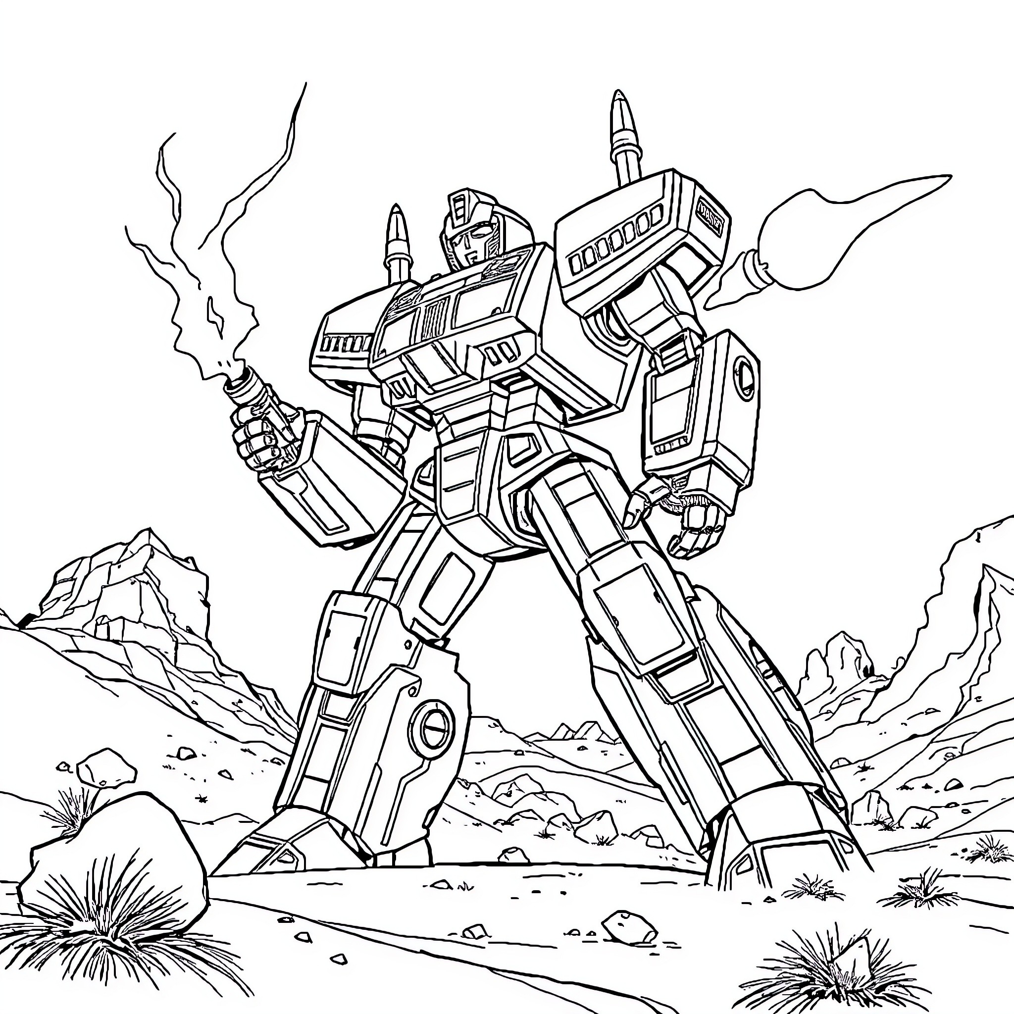 Goldorak's Powerful Mech Battles in the Rugged Terrain Coloring Page (free black-and-white line drawing printable PDF for all, from beginners to advanced learners, including children, teens, adults, and seniors)
