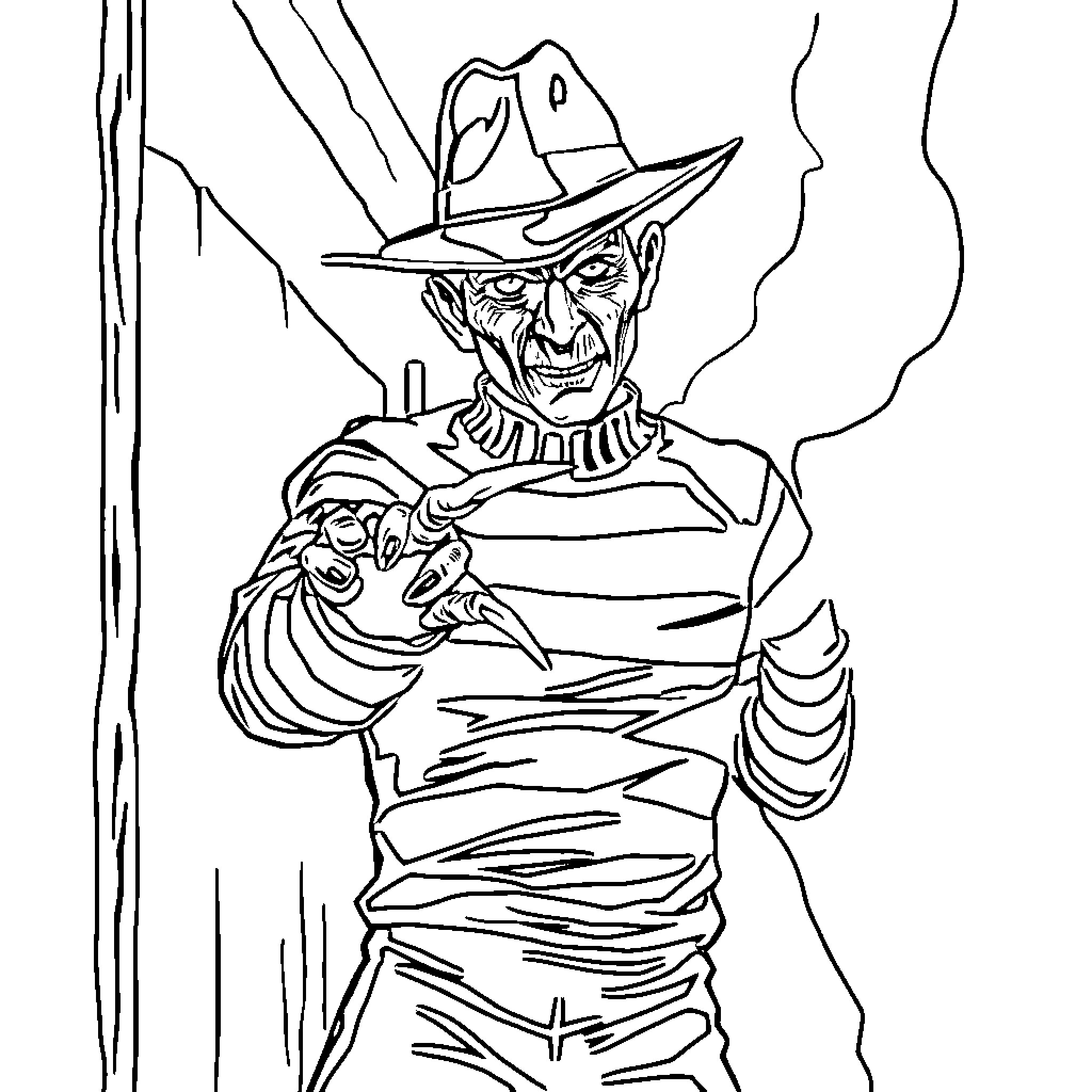 Freddy Krueger in Nightmare on Elm Street Pose Coloring Page (free black-and-white line drawing printable PDF for all, from beginners to advanced learners, including children, teens, adults, and seniors)