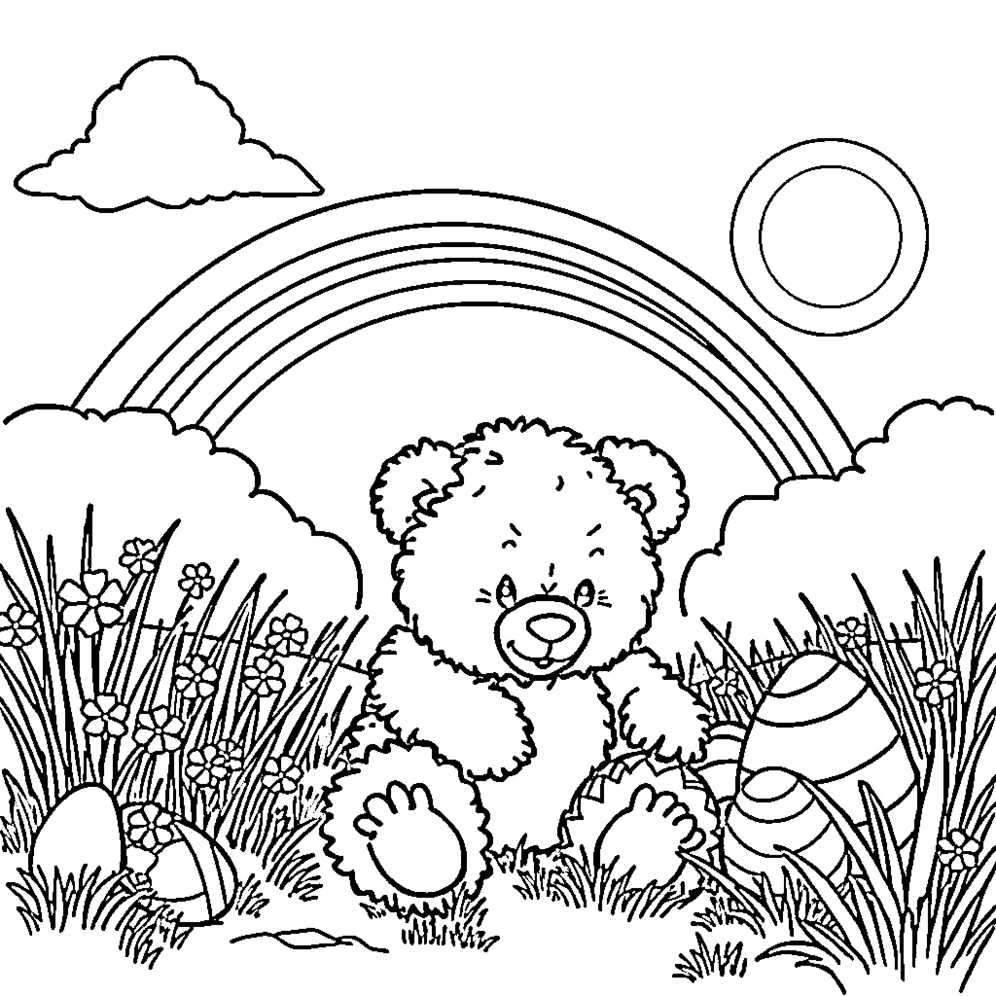 Teddy Bear playing in a field with rainbow Coloring Page (free black-and-white line drawing printable PDF for all, from beginners to advanced learners, including children, teens, adults, and seniors)