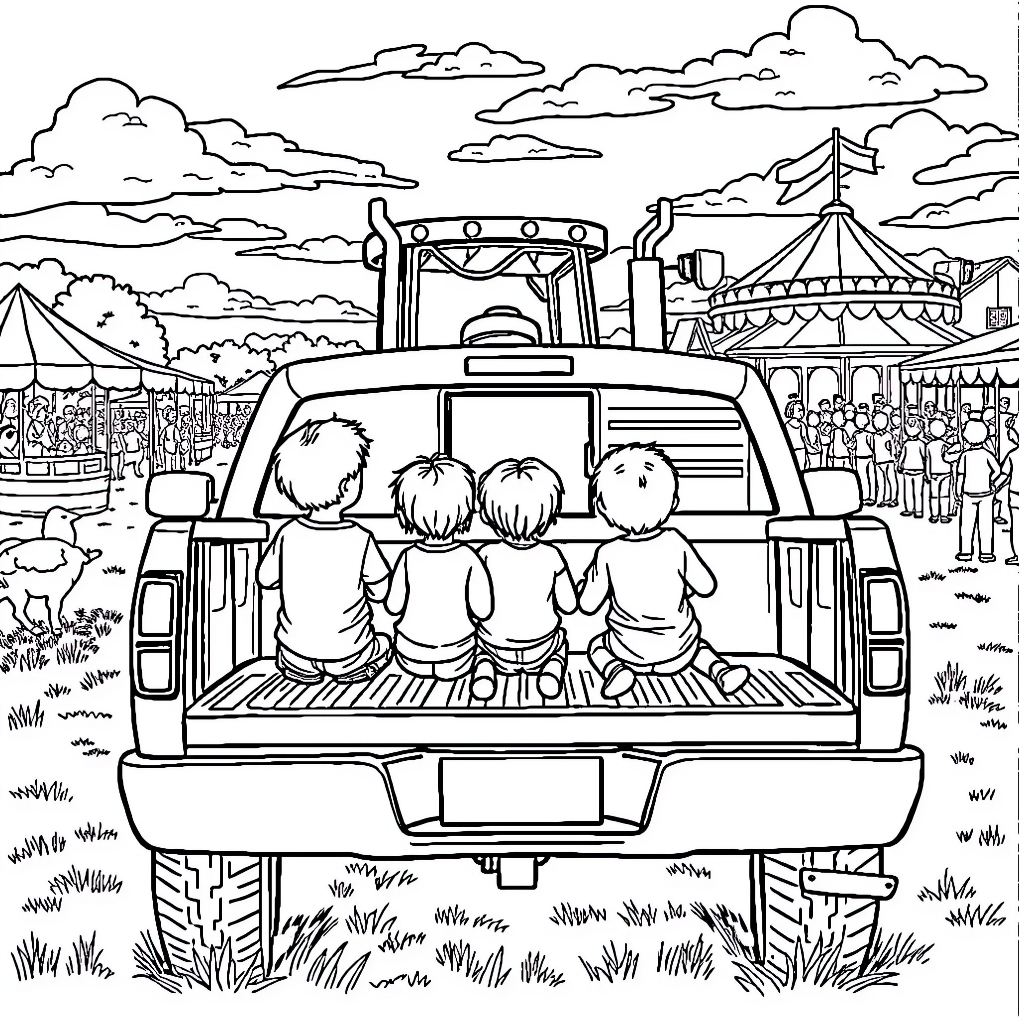 Kids Enjoying a Day at the Carnival Coloring Page (free black-and-white line drawing printable PDF for all, from beginners to advanced learners, including children, teens, adults, and seniors)