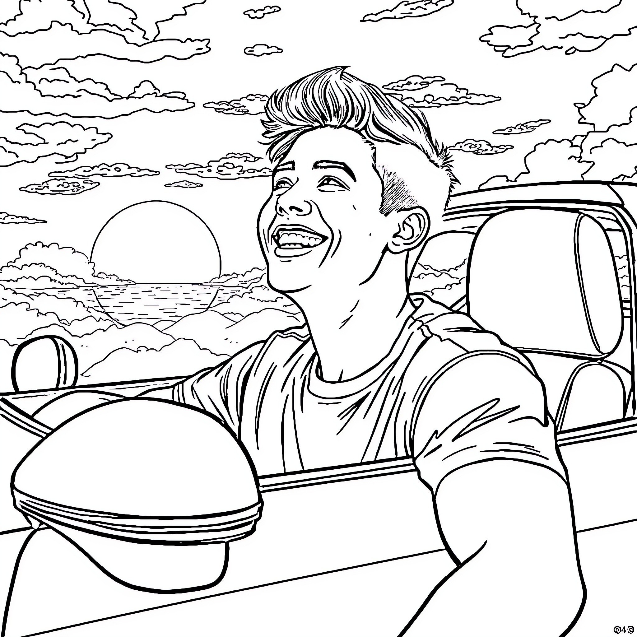 Toyota Supra driver enjoying scenic road trip Coloring Page (free black-and-white line drawing printable PDF for all, from beginners to advanced learners, including children, teens, adults, and seniors)