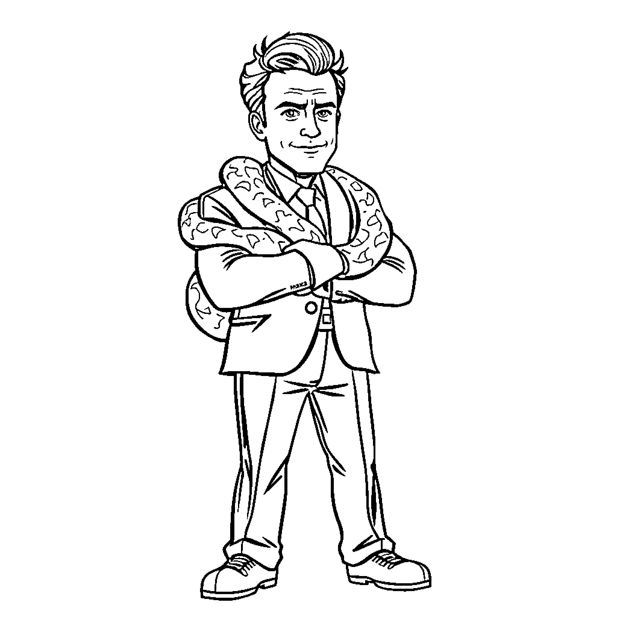 Macron standing confidently in formal attire Coloring Page (free black-and-white line drawing printable PDF for all, from beginners to advanced learners, including children, teens, adults, and seniors)
