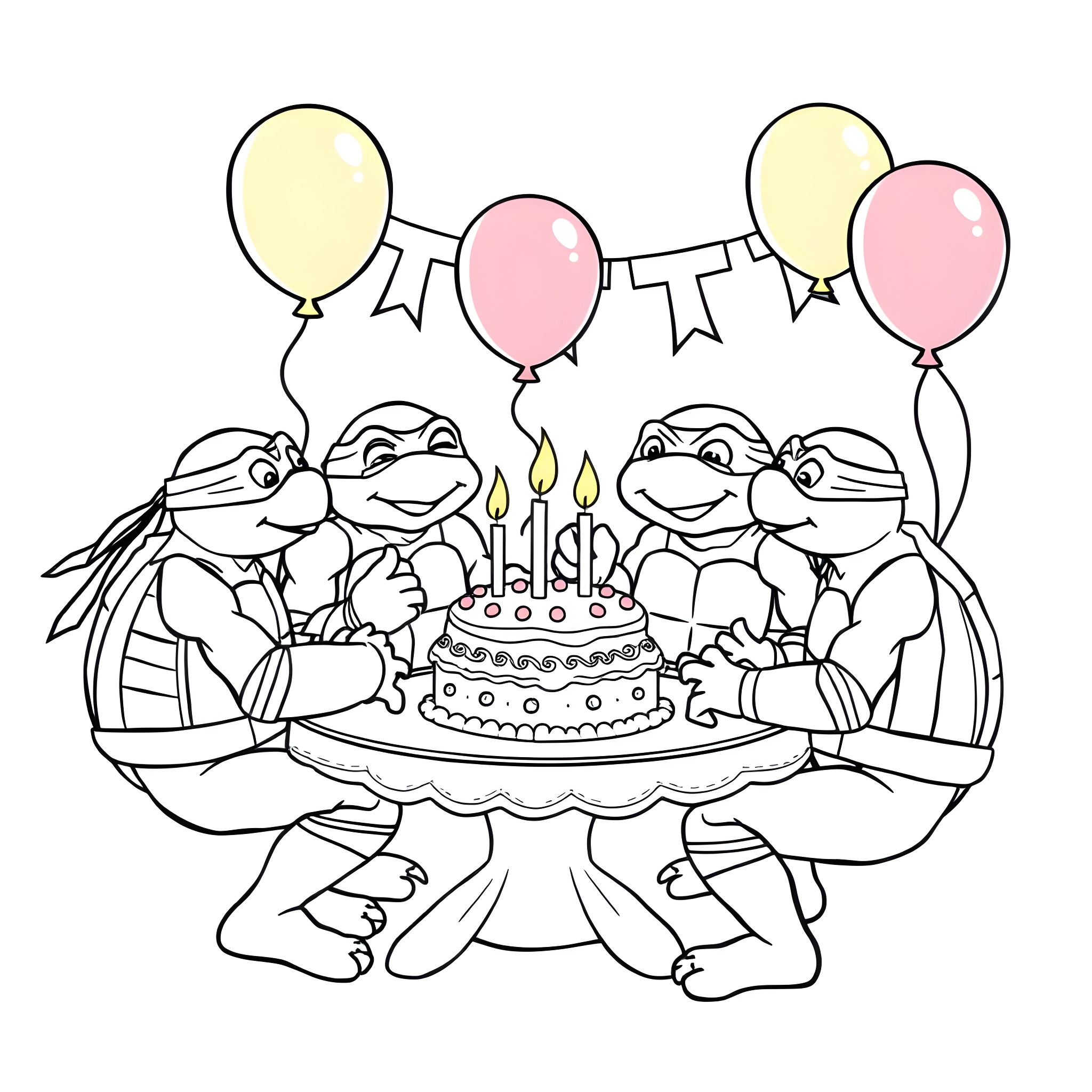 Teenage Mutant Ninja Turtles Celebrate a Birthday Party Coloring Page (free black-and-white line drawing printable PDF for all, from beginners to advanced learners, including children, teens, adults, and seniors)