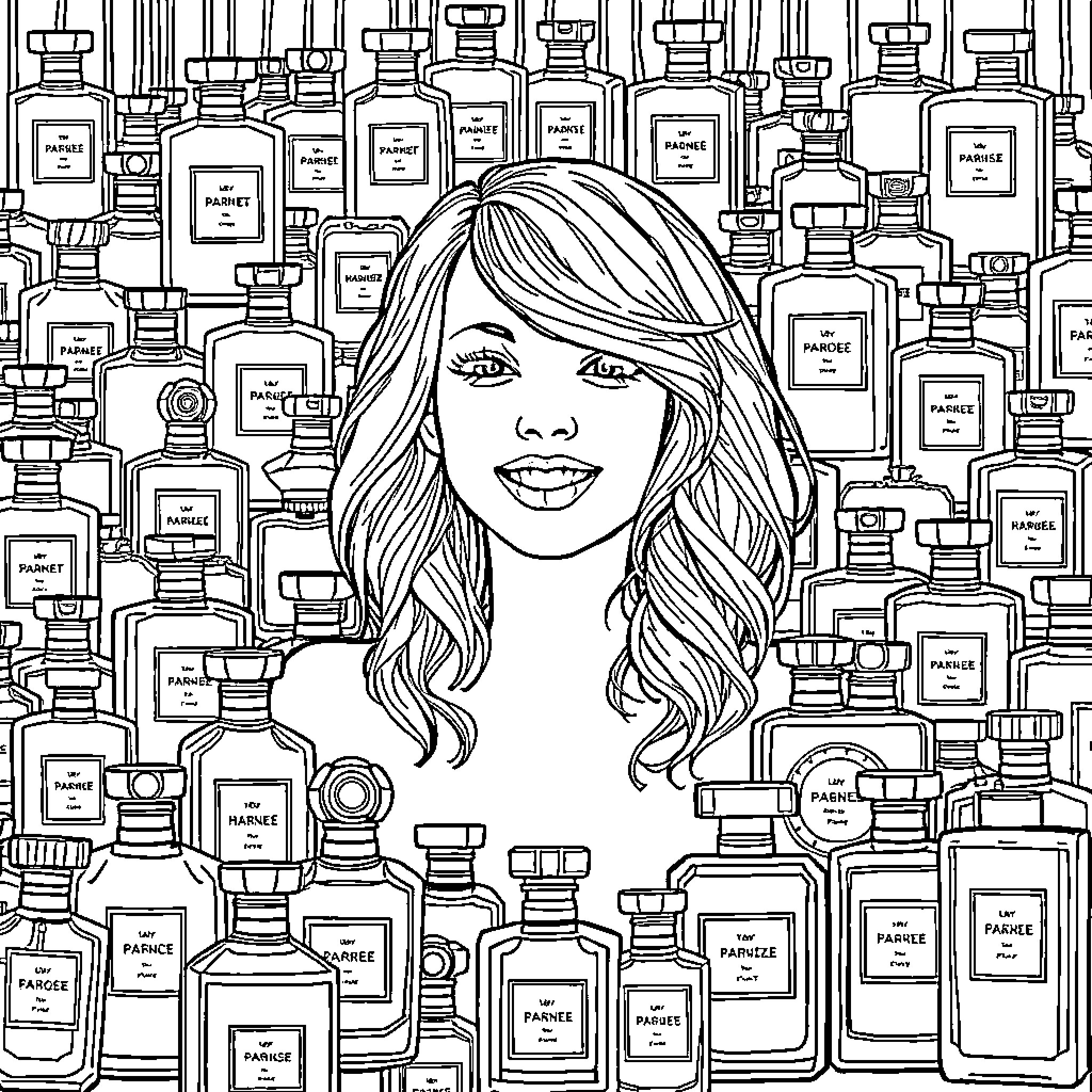 Taylor Swift poses amidst a collection of perfume bottles Coloring Page (free black-and-white line drawing printable PDF for all, from beginners to advanced learners, including children, teens, adults, and seniors)