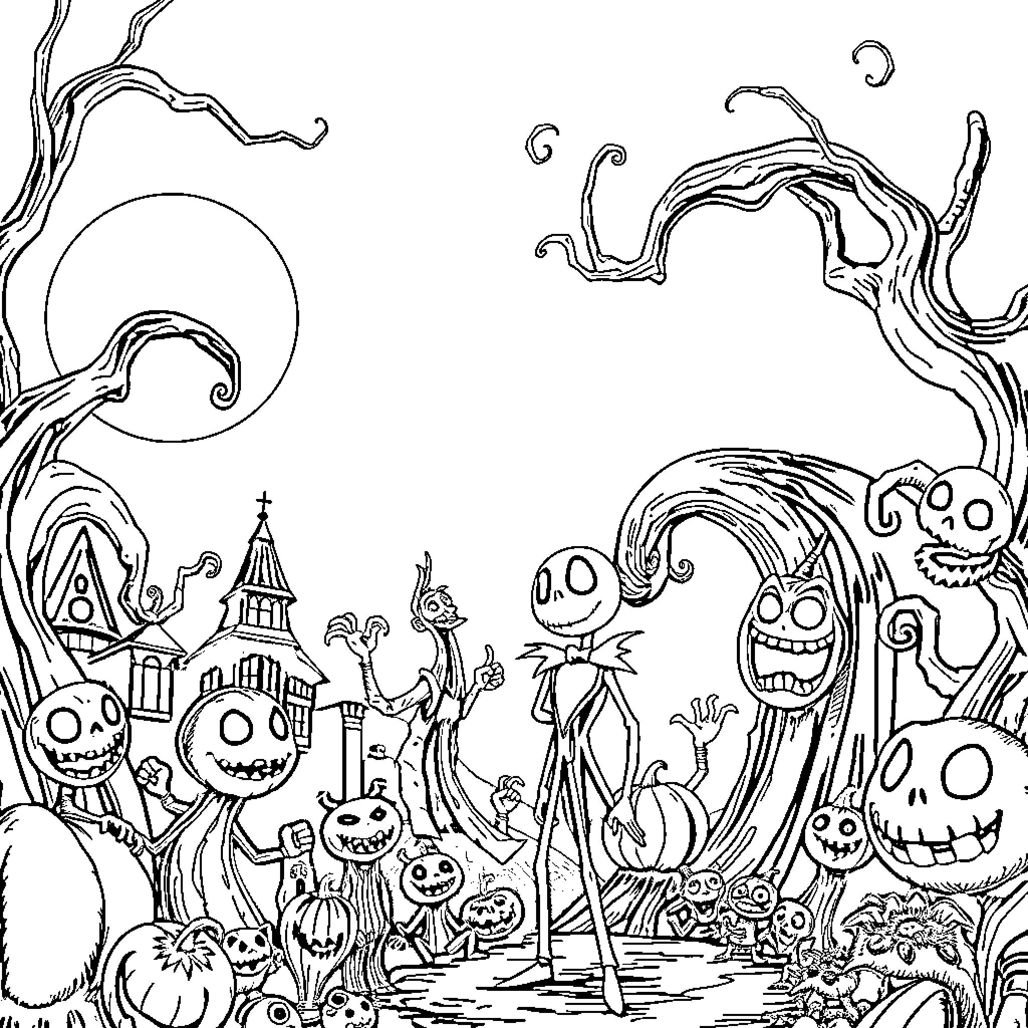 Nightmare Before Christmas: Spooky characters and haunting landscape Coloring Page (free black-and-white line drawing printable PDF for all, from beginners to advanced learners, including children, teens, adults, and seniors)