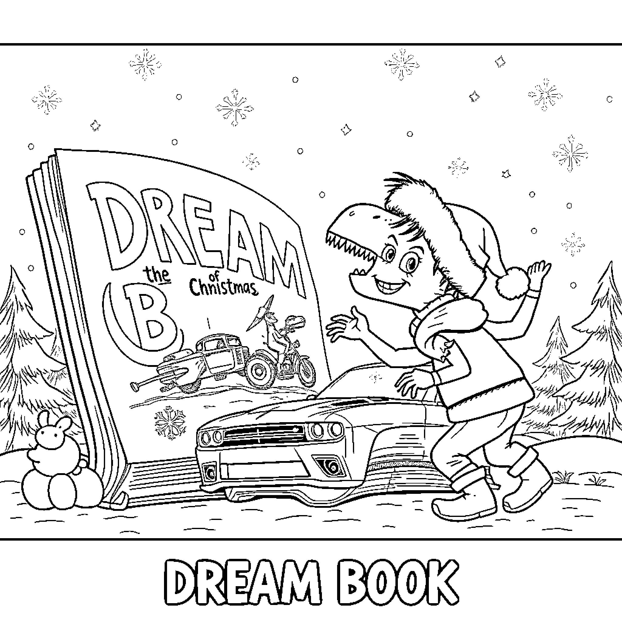 Dream Book: Monster Celebrating Christmas with Car Coloring Page (free black-and-white line drawing printable PDF for all, from beginners to advanced learners, including children, teens, adults, and seniors)