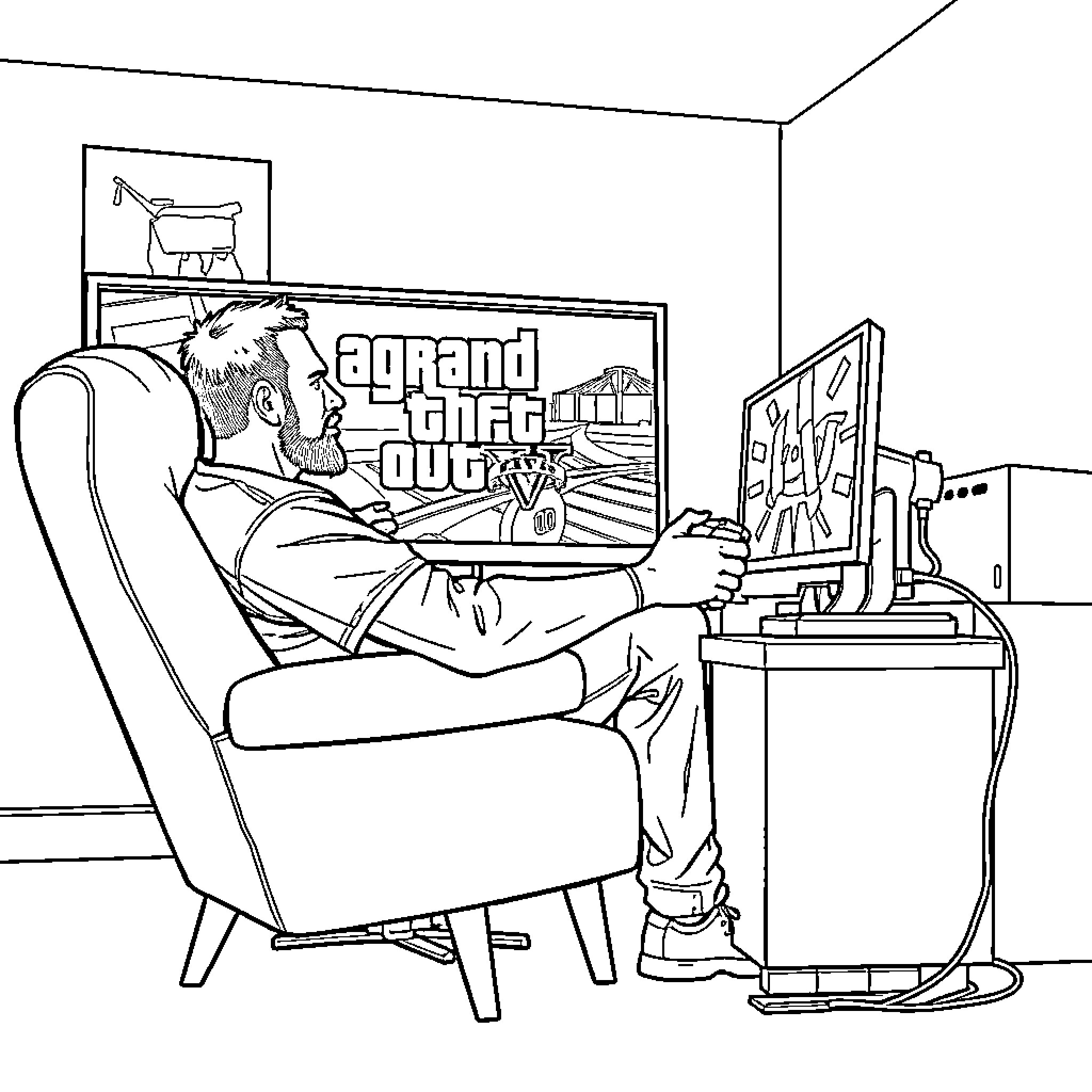Cbum playing Grand Theft Auto on gaming setup Coloring Page (free black-and-white line drawing printable PDF for all, from beginners to advanced learners, including children, teens, adults, and seniors)
