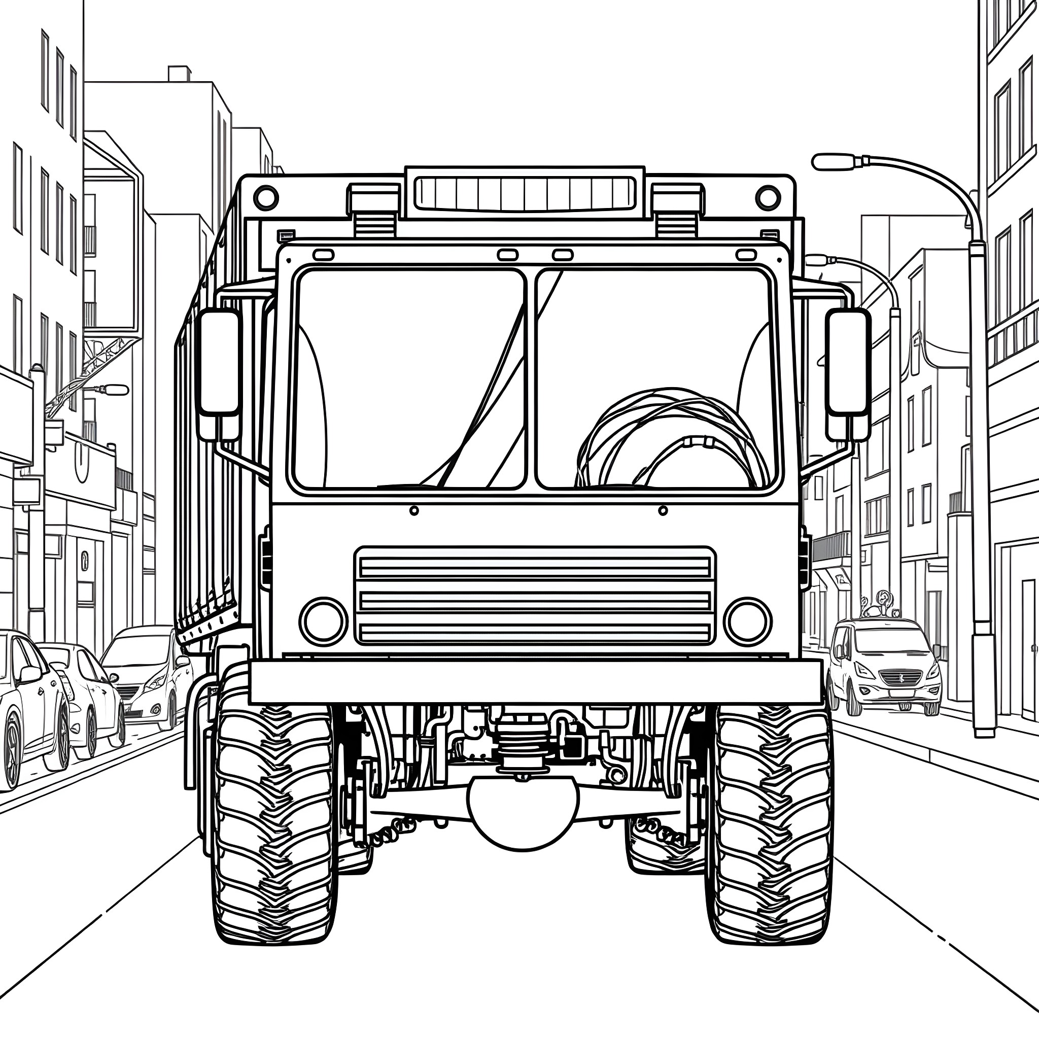 Garbage Truck Navigating Through City Streets Coloring Page (free black-and-white line drawing printable PDF for all, from beginners to advanced learners, including children, teens, adults, and seniors)