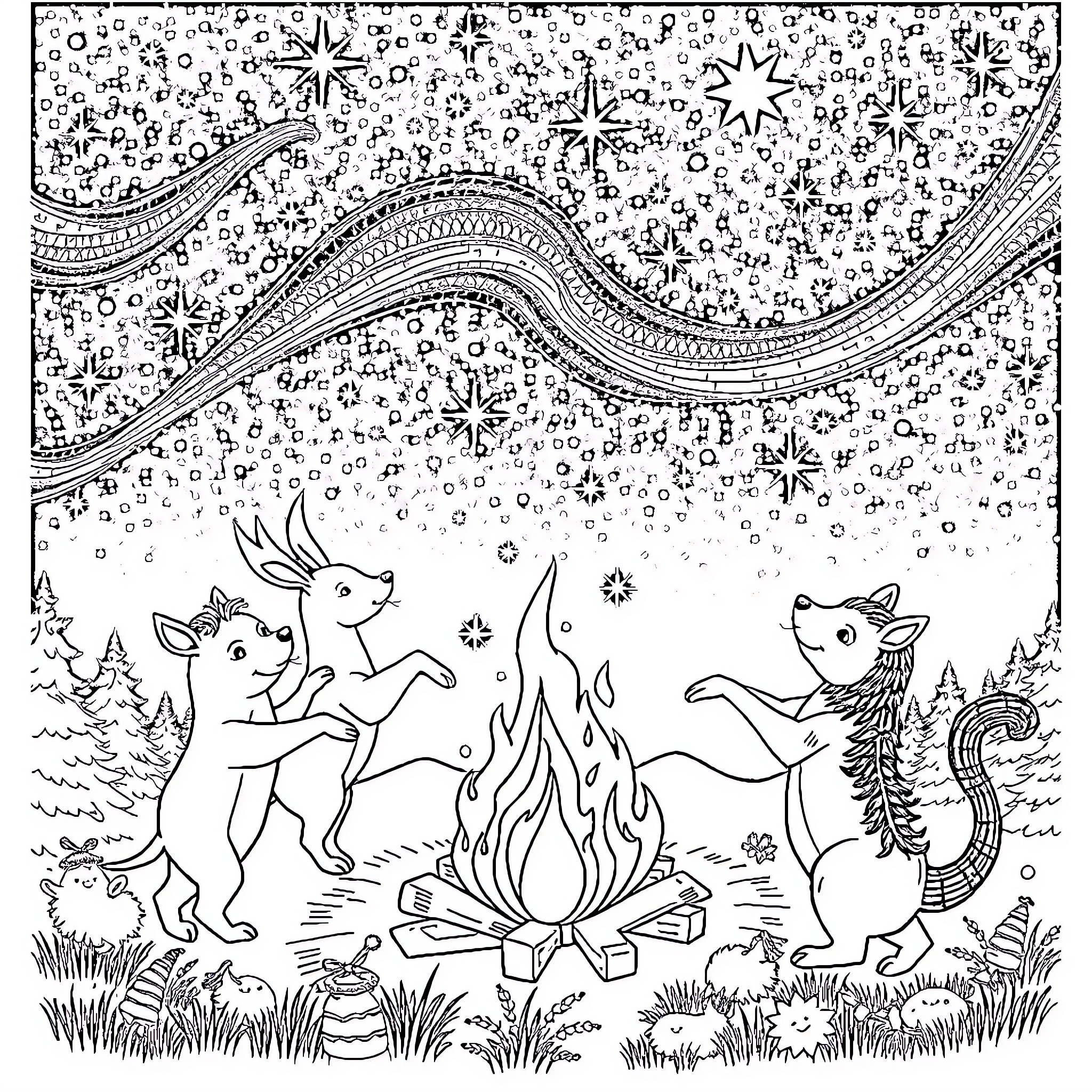 Animal Woodland Creatures Gather Around Campfire Coloring Page (free black-and-white line drawing printable PDF for all, from beginners to advanced learners, including children, teens, adults, and seniors)