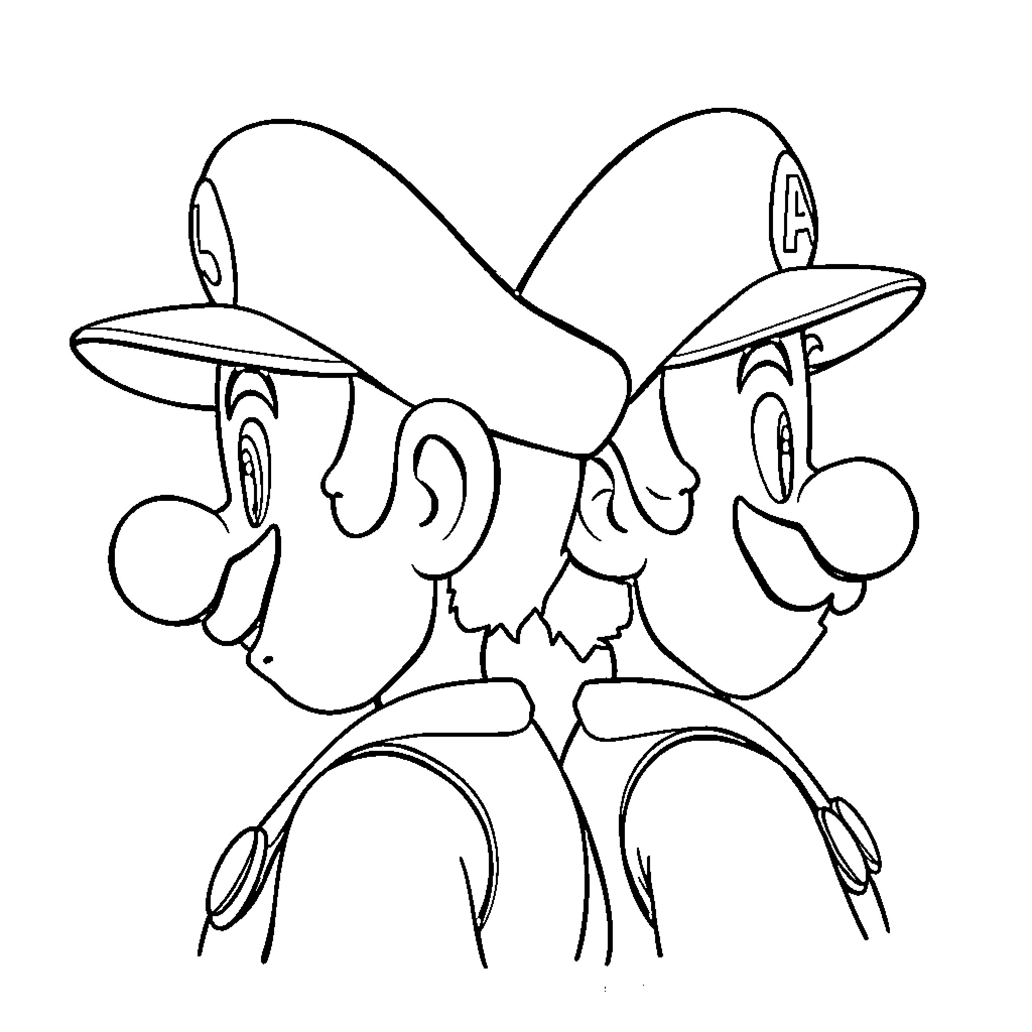 Mario and Luigi playing together in cartoon style Coloring Page (free black-and-white line drawing printable PDF for all, from beginners to advanced learners, including children, teens, adults, and seniors)