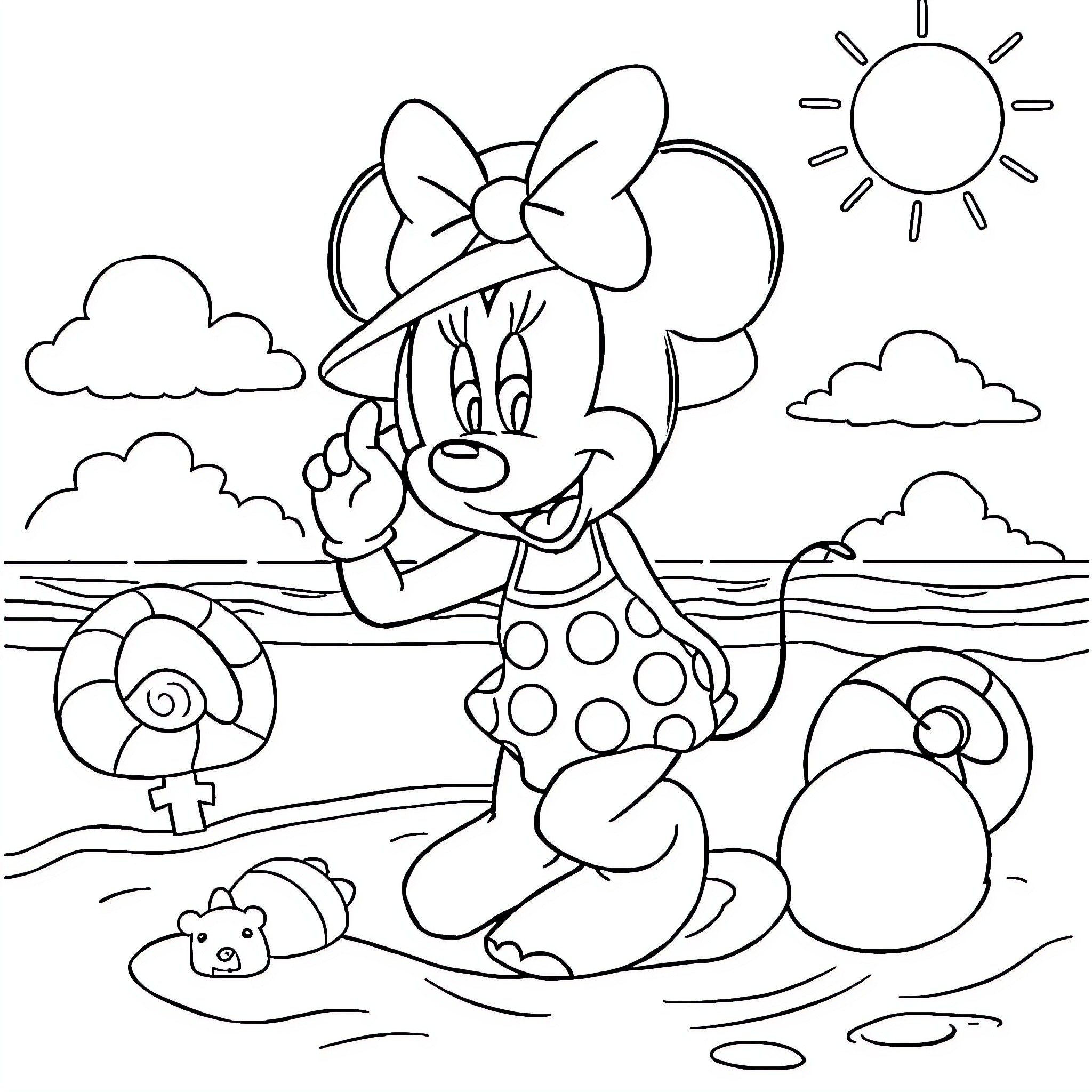 Minnie Mouse playing at the beach Coloring Page (free black-and-white line drawing printable PDF for all, from beginners to advanced learners, including children, teens, adults, and seniors)