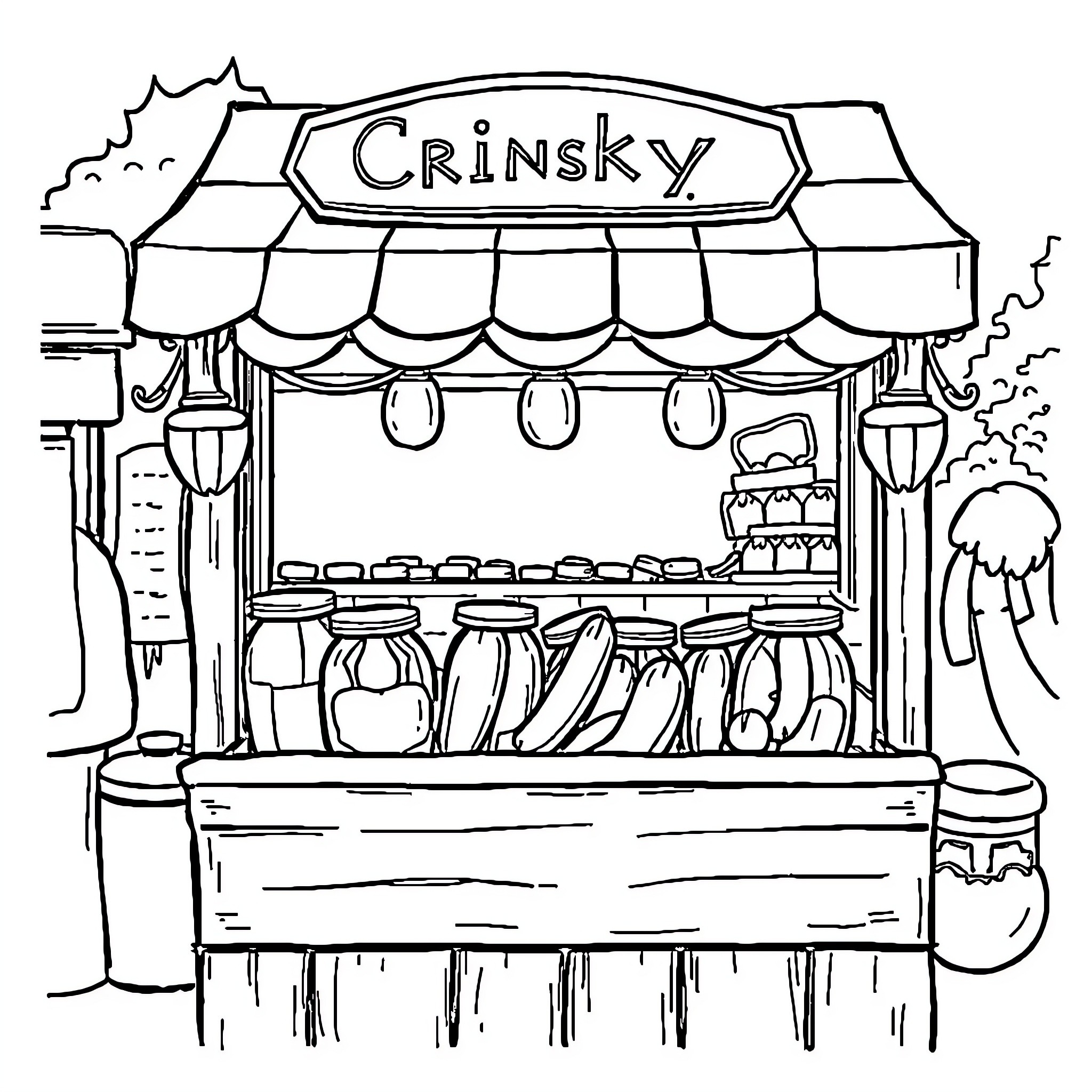 Pickle's Bustling Market Stall Coloring Page (free black-and-white line drawing printable PDF for all, from beginners to advanced learners, including children, teens, adults, and seniors)