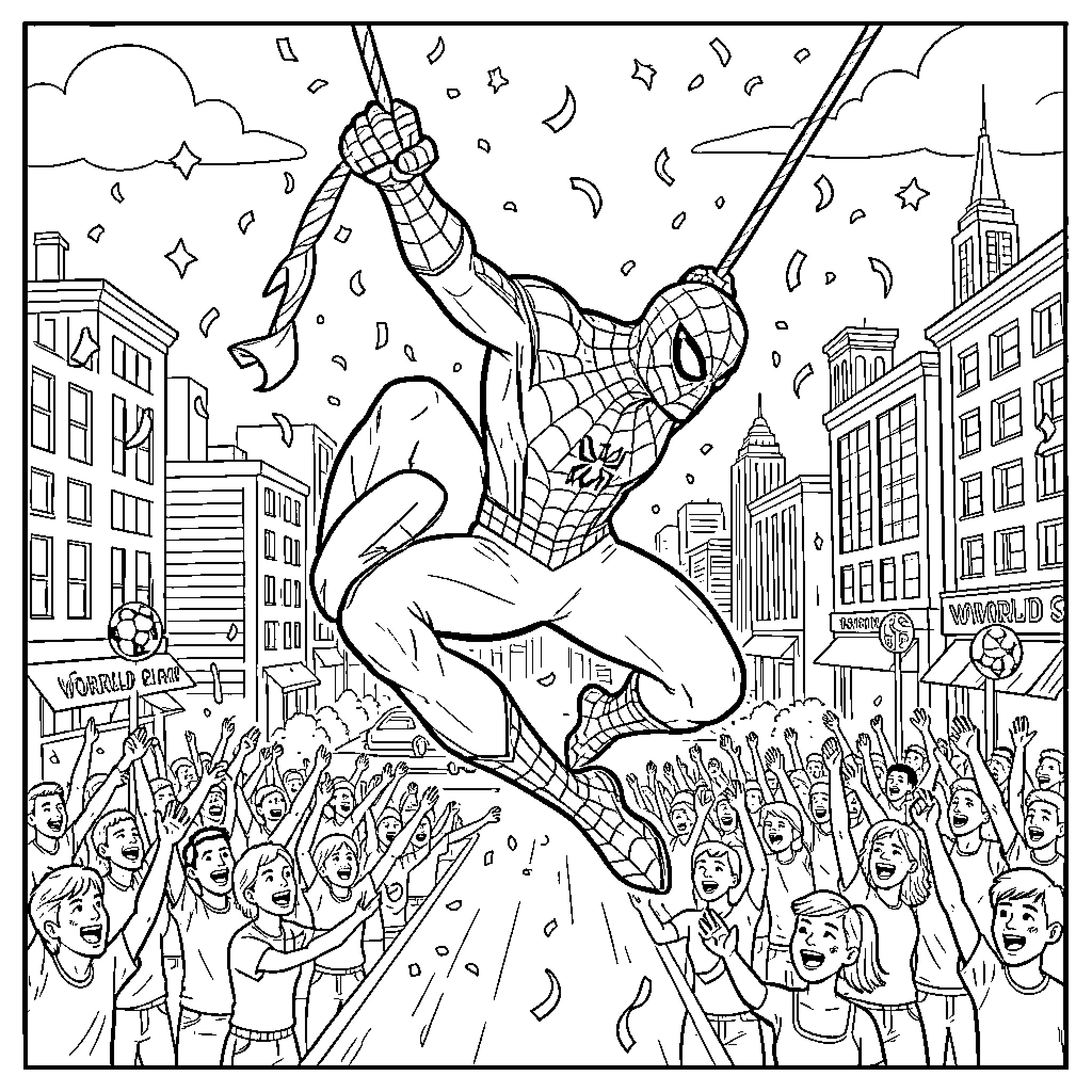 Spiderman swinging through a cheering city crowd Coloring Page (free black-and-white line drawing printable PDF for all, from beginners to advanced learners, including children, teens, adults, and seniors)