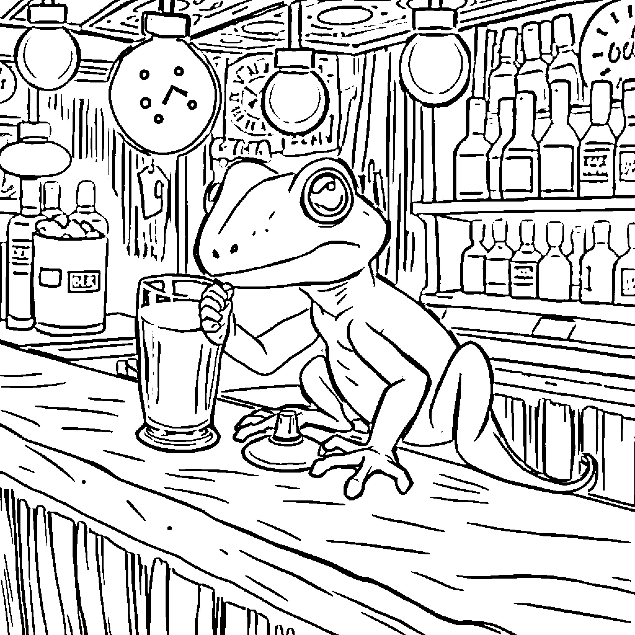 Gecko drinking a beverage at the bar Coloring Page (free black-and-white line drawing printable PDF for all, from beginners to advanced learners, including children, teens, adults, and seniors)