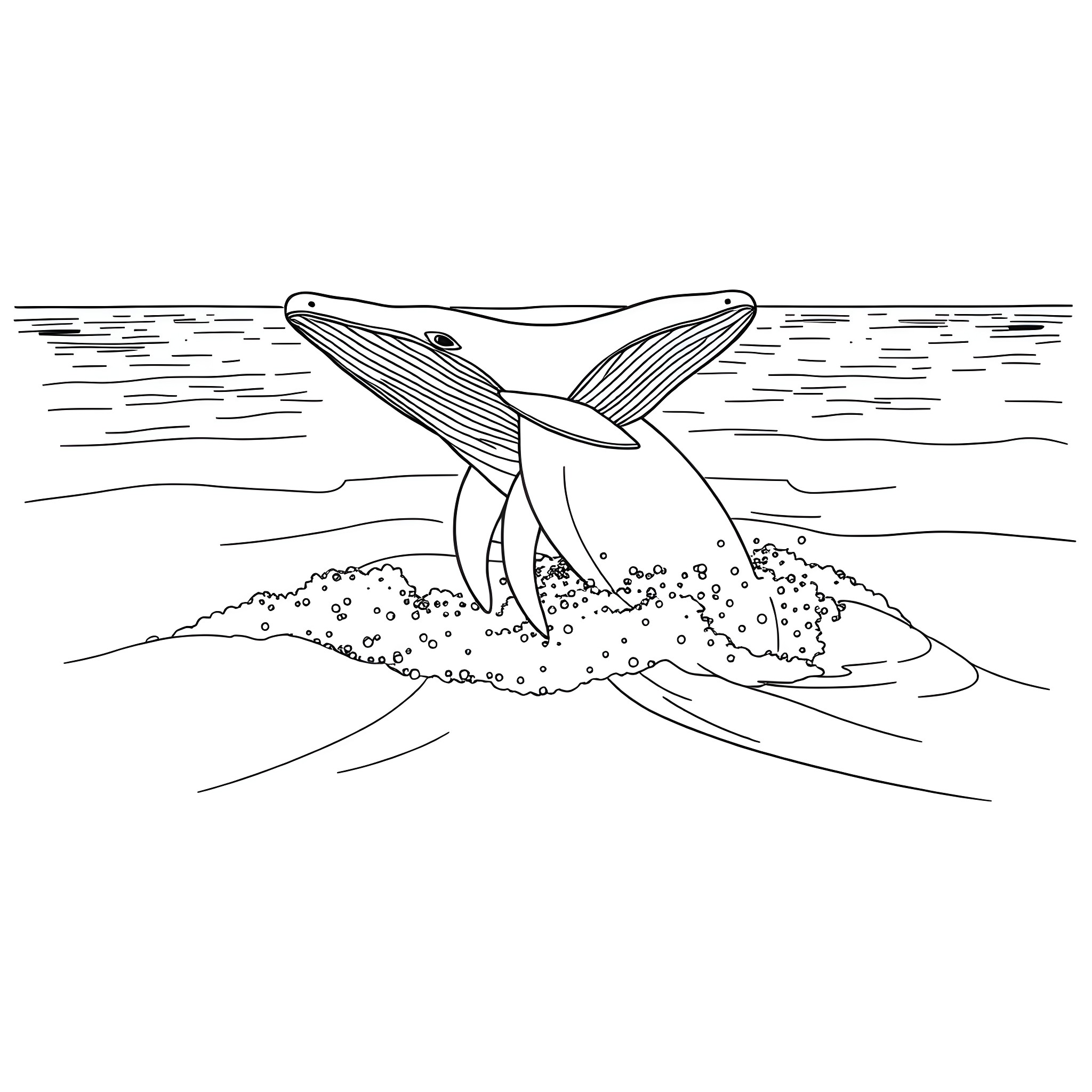 Whale jumping out of the ocean Coloring Page (free black-and-white line drawing printable PDF for all, from beginners to advanced learners, including children, teens, adults, and seniors)