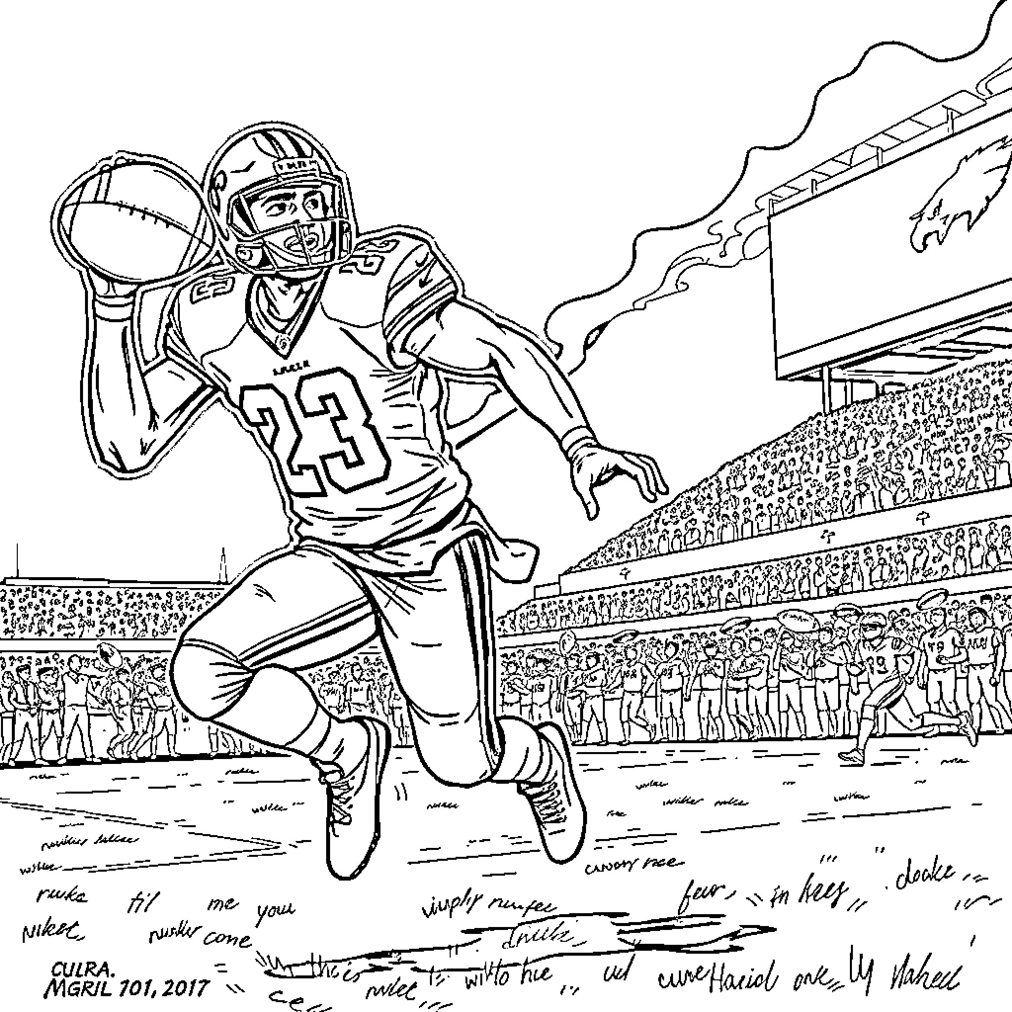 Puka Nacua Rushing through the Football Field Coloring Page (free black-and-white line drawing printable PDF for all, from beginners to advanced learners, including children, teens, adults, and seniors)