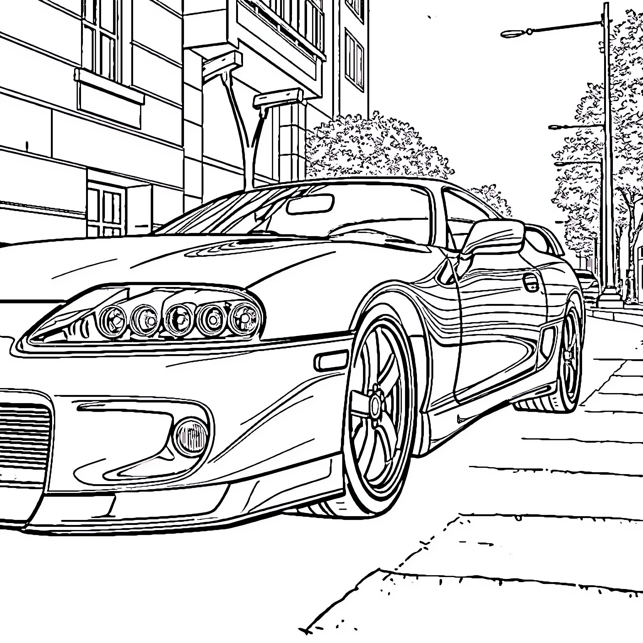 Supra sports car on city street Coloring Page (free black-and-white line drawing printable PDF for all, from beginners to advanced learners, including children, teens, adults, and seniors)