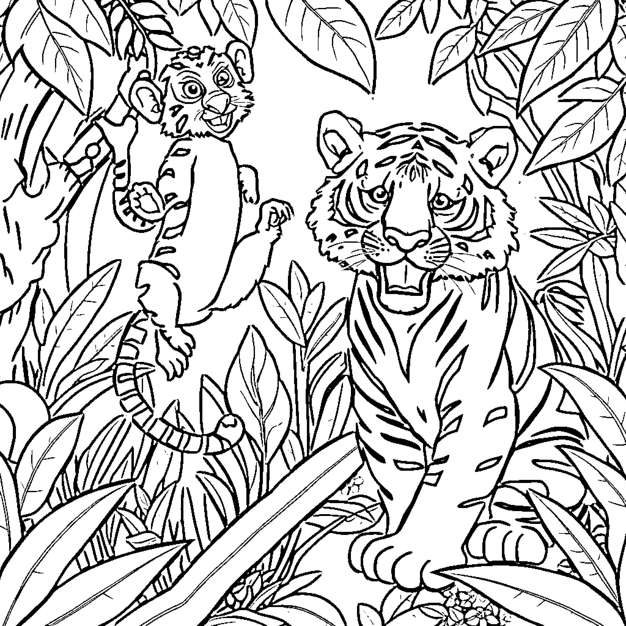 Jungle Animals Exploring the Lush Foliage Coloring Page (free black-and-white line drawing printable PDF for all, from beginners to advanced learners, including children, teens, adults, and seniors)