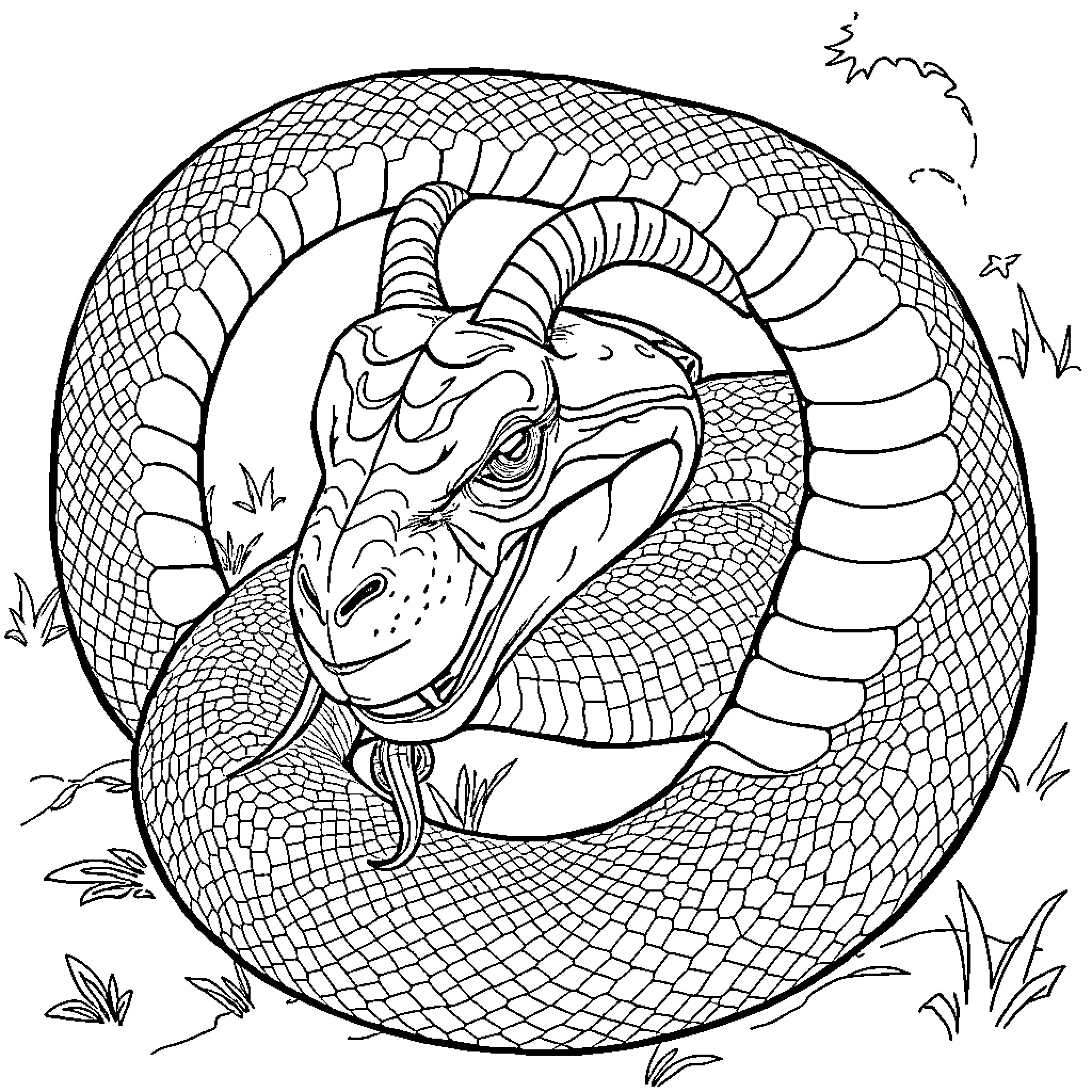Snake coiled and ready to strike Coloring Page (free black-and-white line drawing printable PDF for all, from beginners to advanced learners, including children, teens, adults, and seniors)