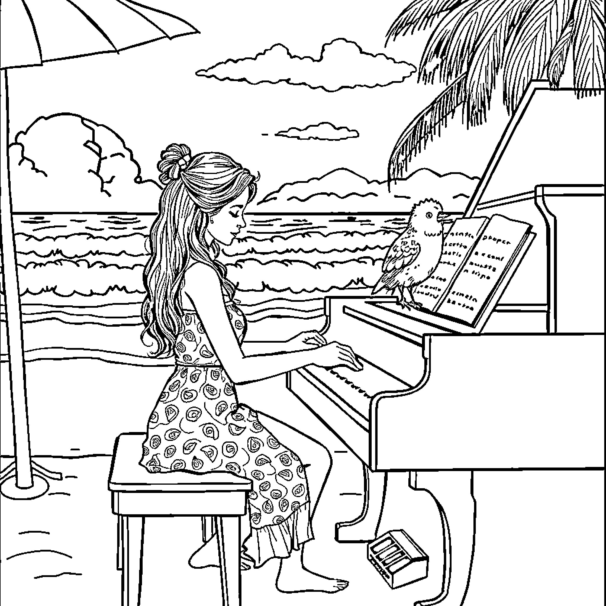 Persona playing piano at tropical beach with parrot Coloring Page (free black-and-white line drawing printable PDF for all, from beginners to advanced learners, including children, teens, adults, and seniors)
