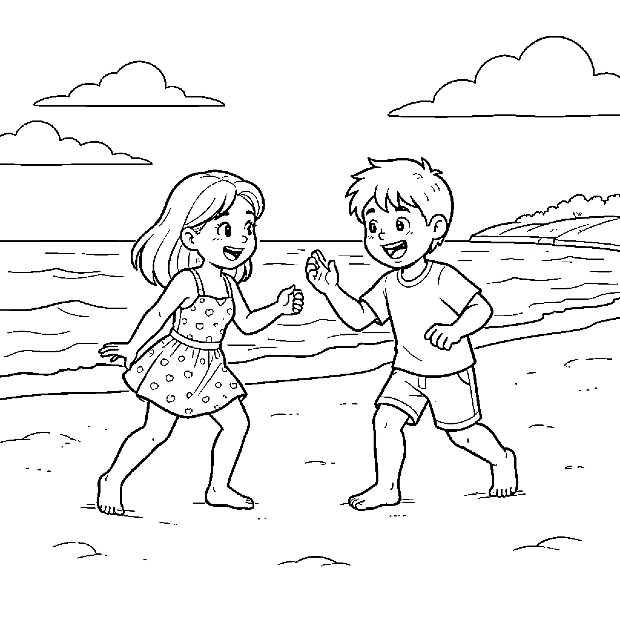 Lola and a boy playing happily on the beach Coloring Page (free black-and-white line drawing printable PDF for all, from beginners to advanced learners, including children, teens, adults, and seniors)