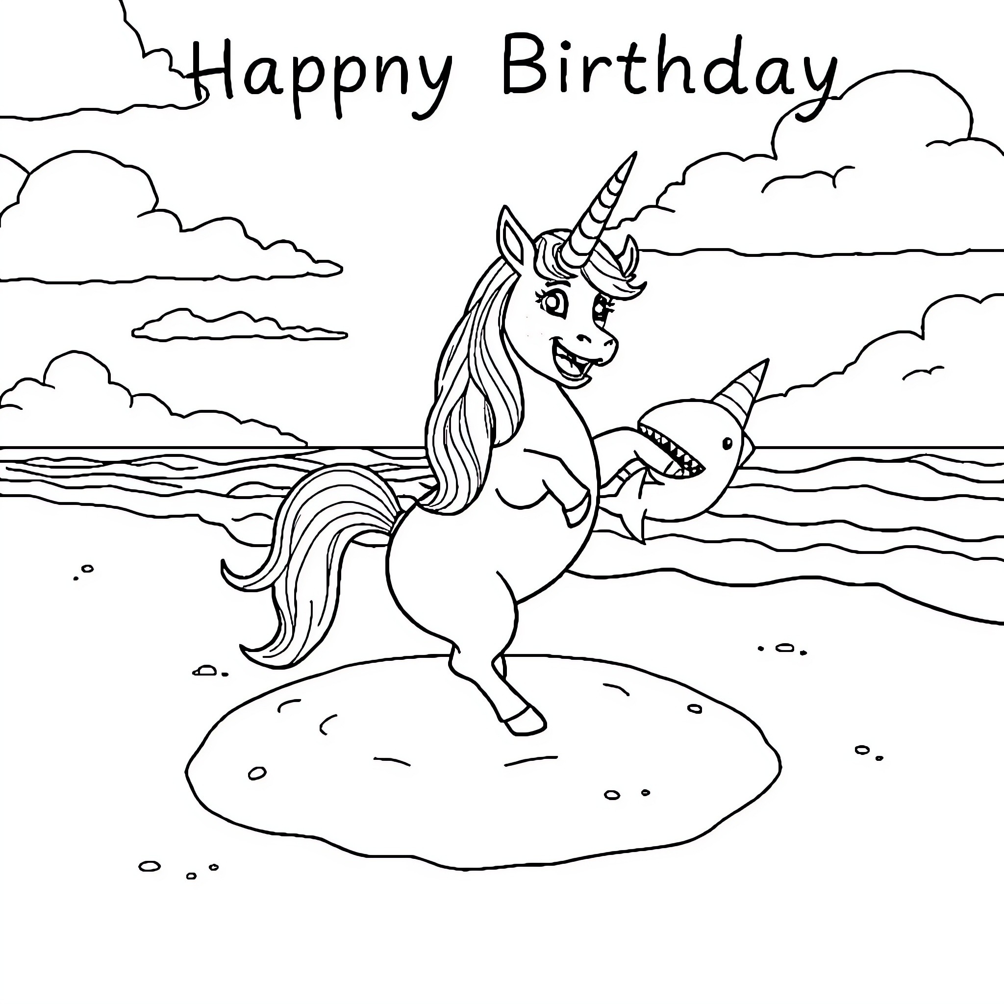 Unicorn happily celebrating birthday in the clouds Coloring Page (free black-and-white line drawing printable PDF for all, from beginners to advanced learners, including children, teens, adults, and seniors)