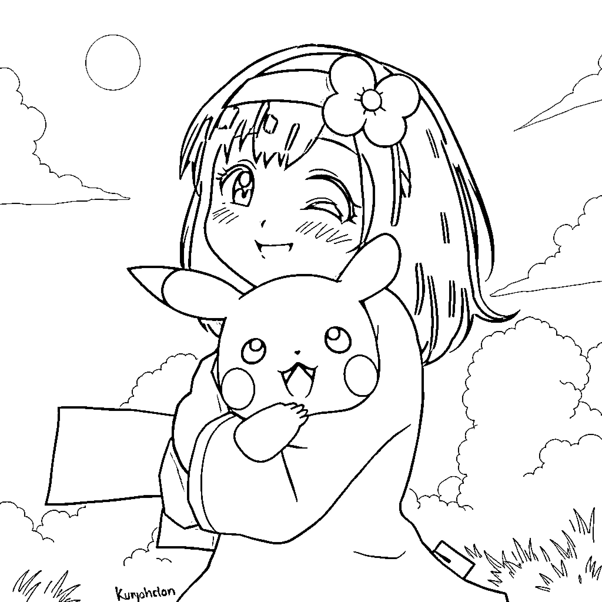 Kuromi snuggling a Pikachu in the clouds Coloring Page (free black-and-white line drawing printable PDF for all, from beginners to advanced learners, including children, teens, adults, and seniors)