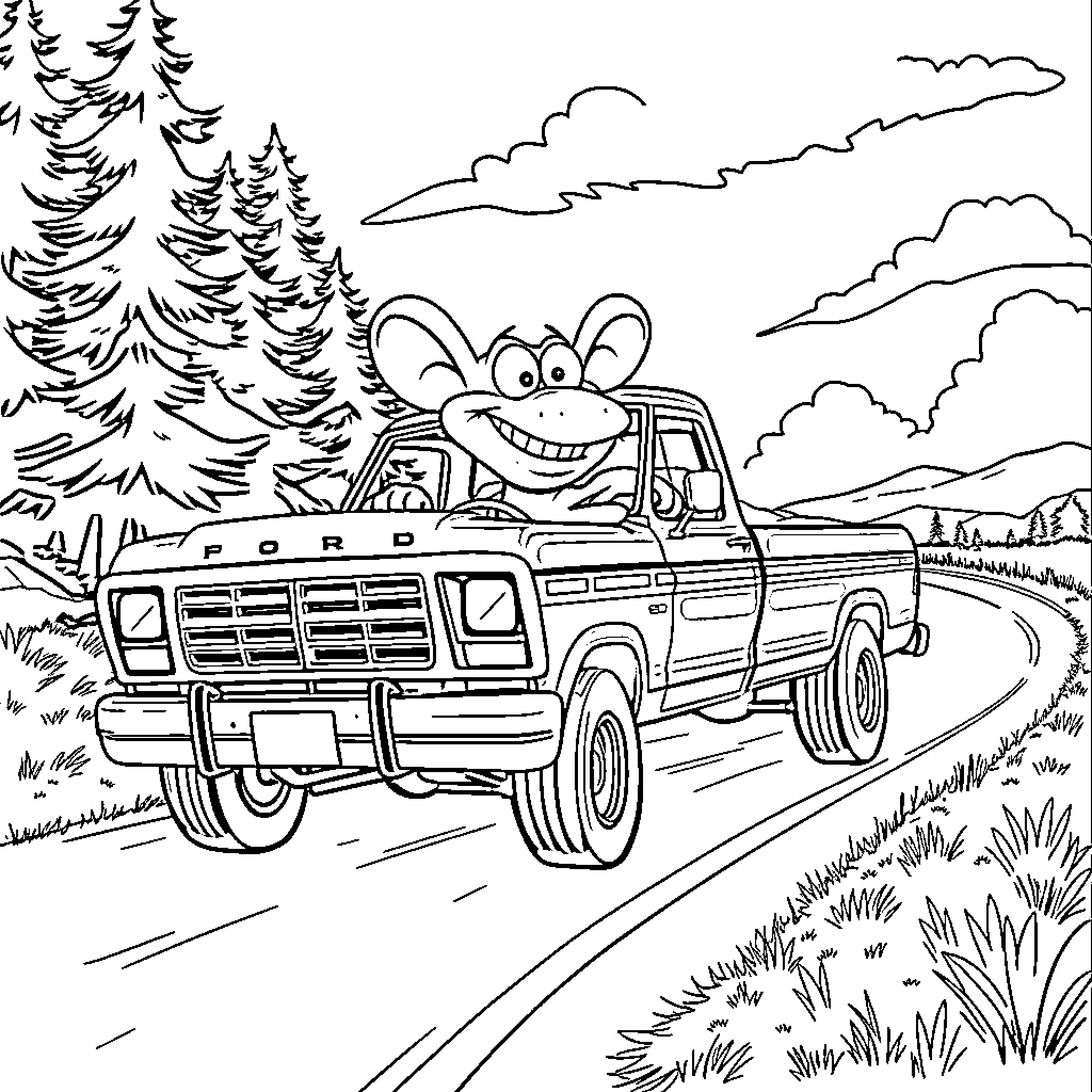 Rat Fink driving rugged pickup truck through the forest Coloring Page (free black-and-white line drawing printable PDF for all, from beginners to advanced learners, including children, teens, adults, and seniors)