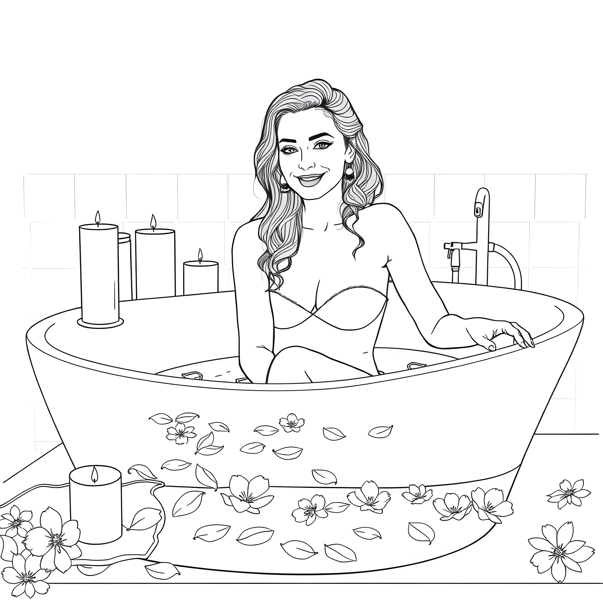 Sydney Sweeney relaxing in a flower-filled bathtub Coloring Page (free black-and-white line drawing printable PDF for all, from beginners to advanced learners, including children, teens, adults, and seniors)