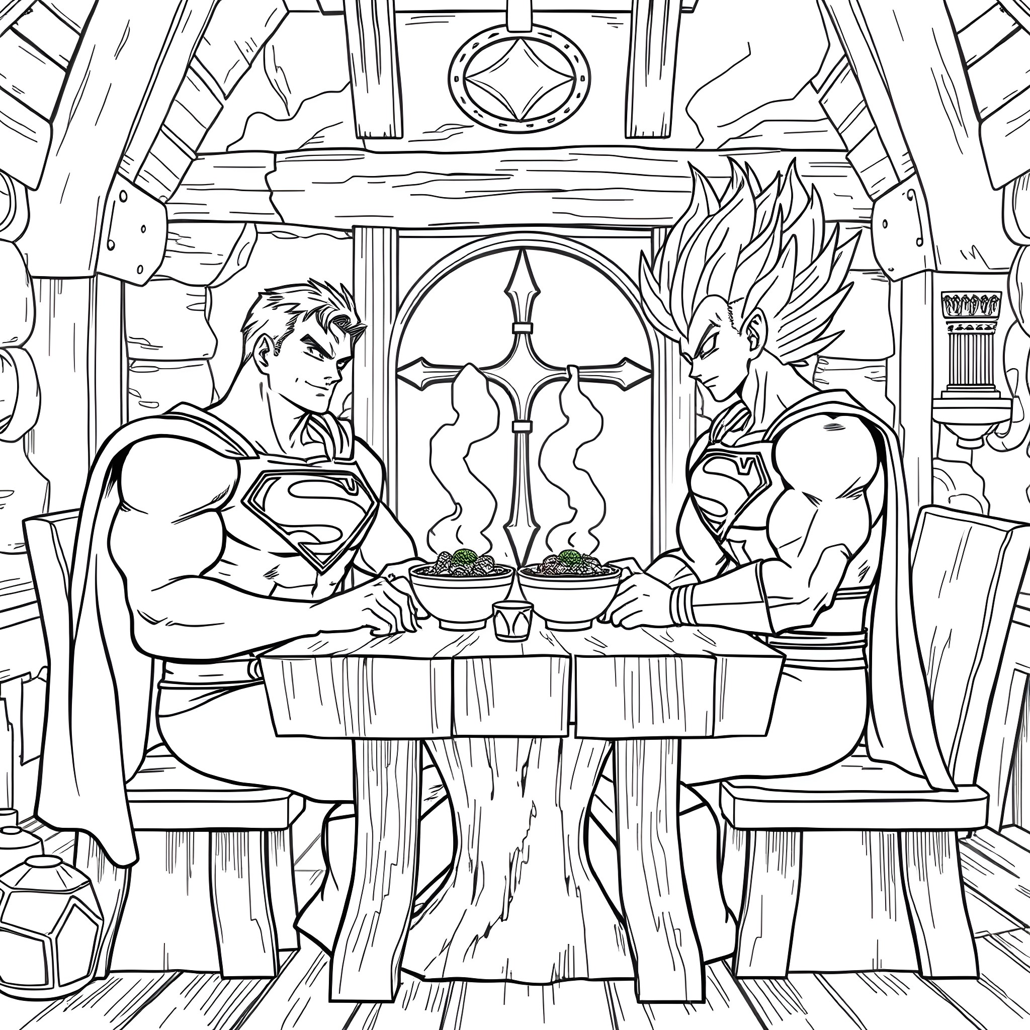 Superman and Vegeta Discussing Galactic Matters Coloring Page (free black-and-white line drawing printable PDF for all, from beginners to advanced learners, including children, teens, adults, and seniors)