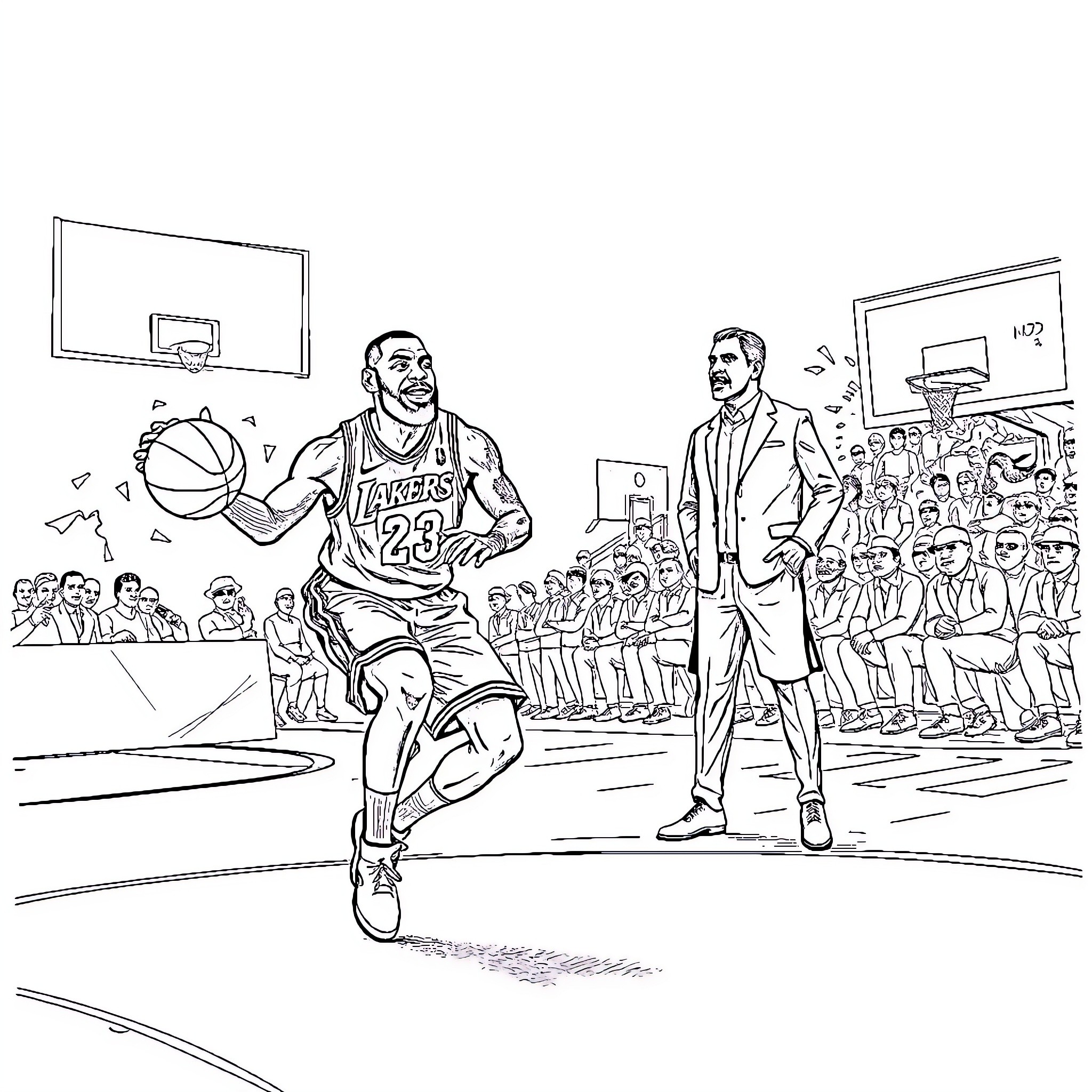 LeBron James Dominates the Basketball Court Coloring Page (free black-and-white line drawing printable PDF for all, from beginners to advanced learners, including children, teens, adults, and seniors)
