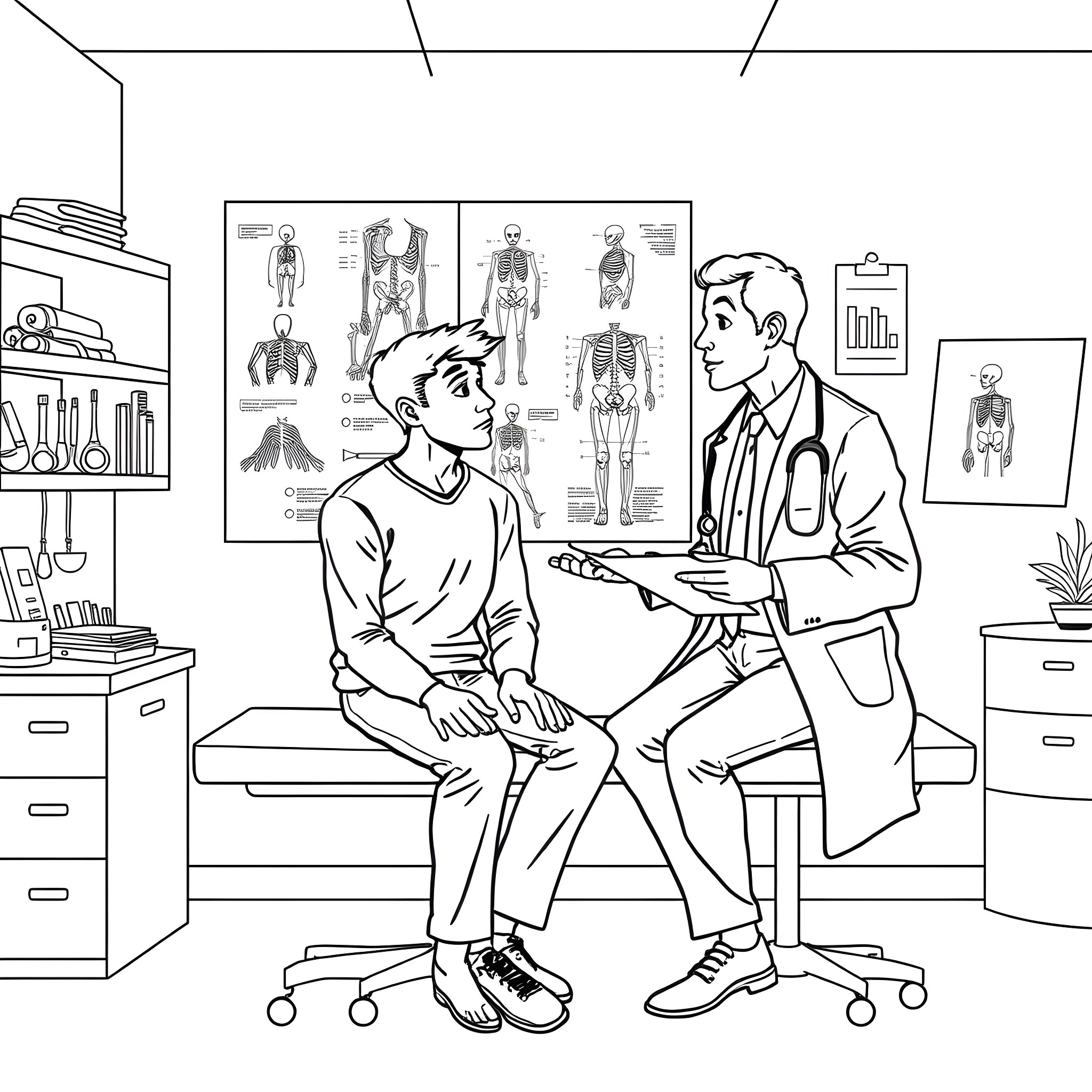 Man consulting with doctor in medical office Coloring Page (free black-and-white line drawing printable PDF for all, from beginners to advanced learners, including children, teens, adults, and seniors)