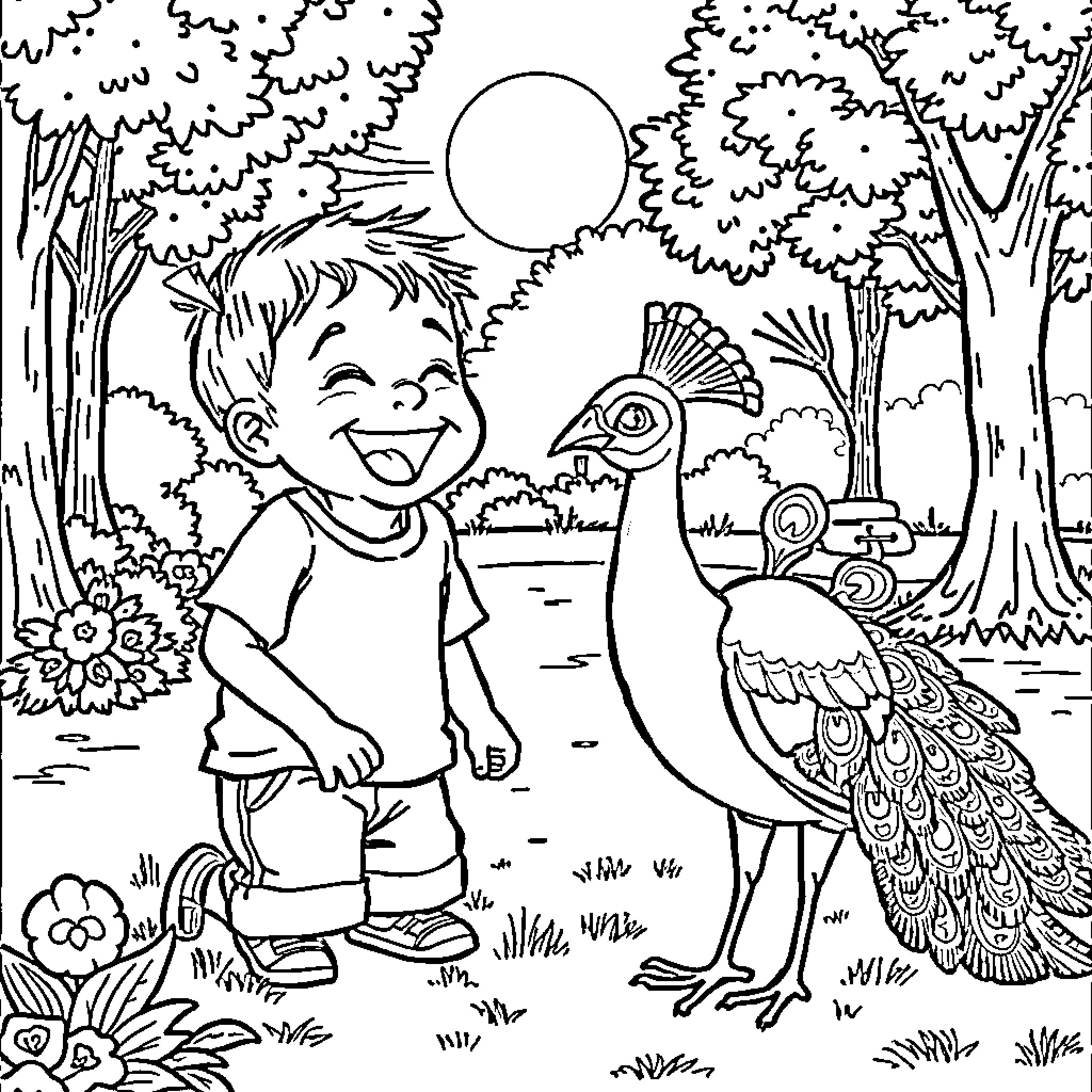 Peacock and child playing in the forest Coloring Page (free black-and-white line drawing printable PDF for all, from beginners to advanced learners, including children, teens, adults, and seniors)