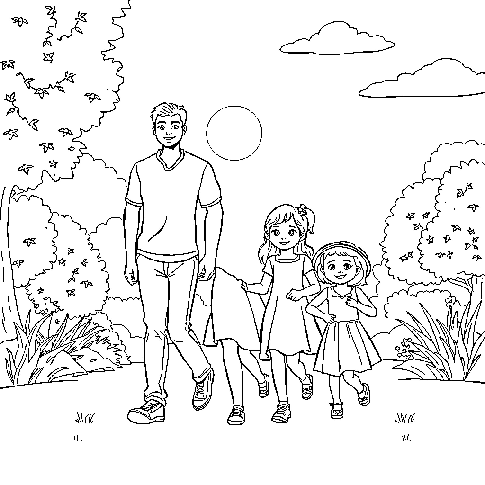 Familia enjoying nature's tranquility Coloring Page (free black-and-white line drawing printable PDF for all, from beginners to advanced learners, including children, teens, adults, and seniors)