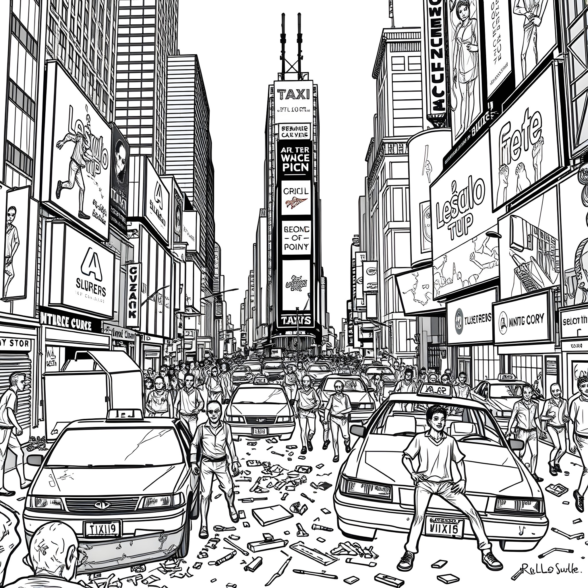 Zombie Takeover in Bustling Times Square Coloring Page (free black-and-white line drawing printable PDF for all, from beginners to advanced learners, including children, teens, adults, and seniors)