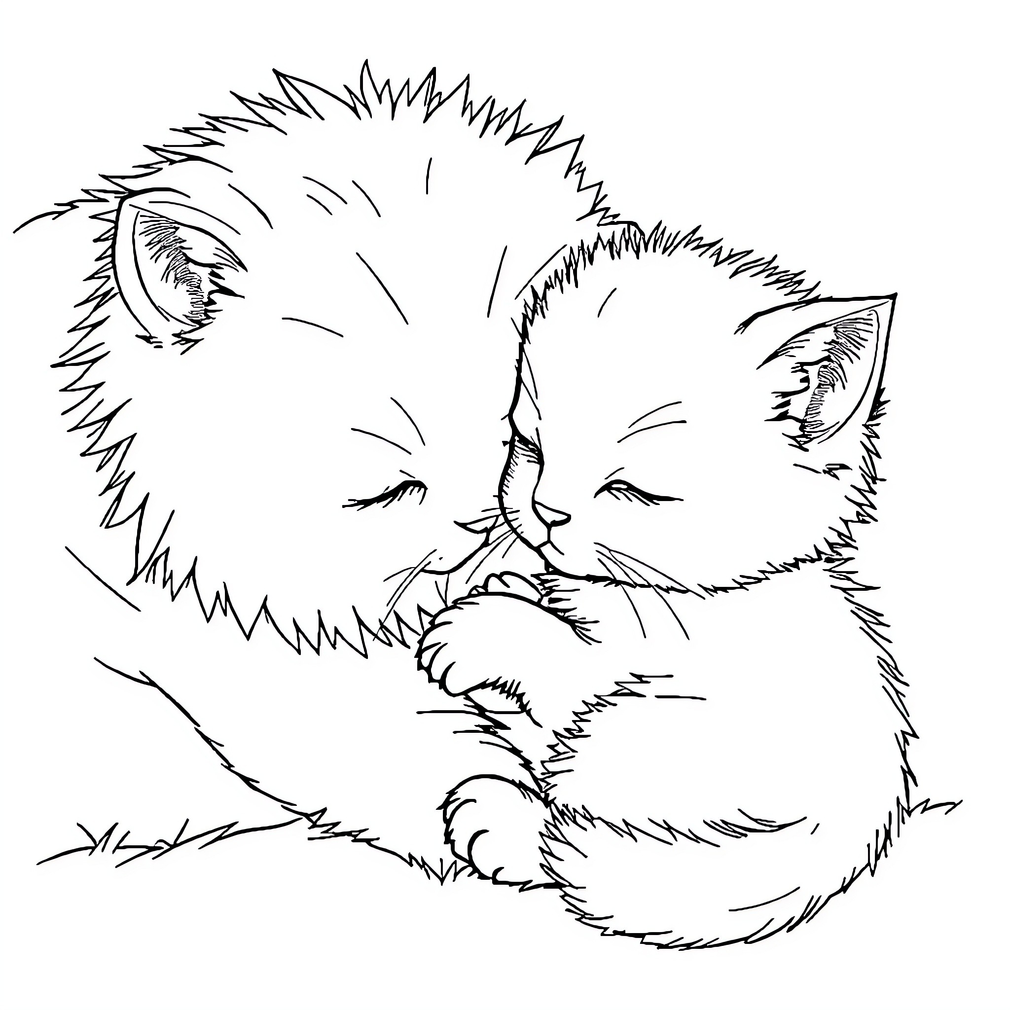 Kitten curled up and sleeping peacefully Coloring Page (free black-and-white line drawing printable PDF for all, from beginners to advanced learners, including children, teens, adults, and seniors)