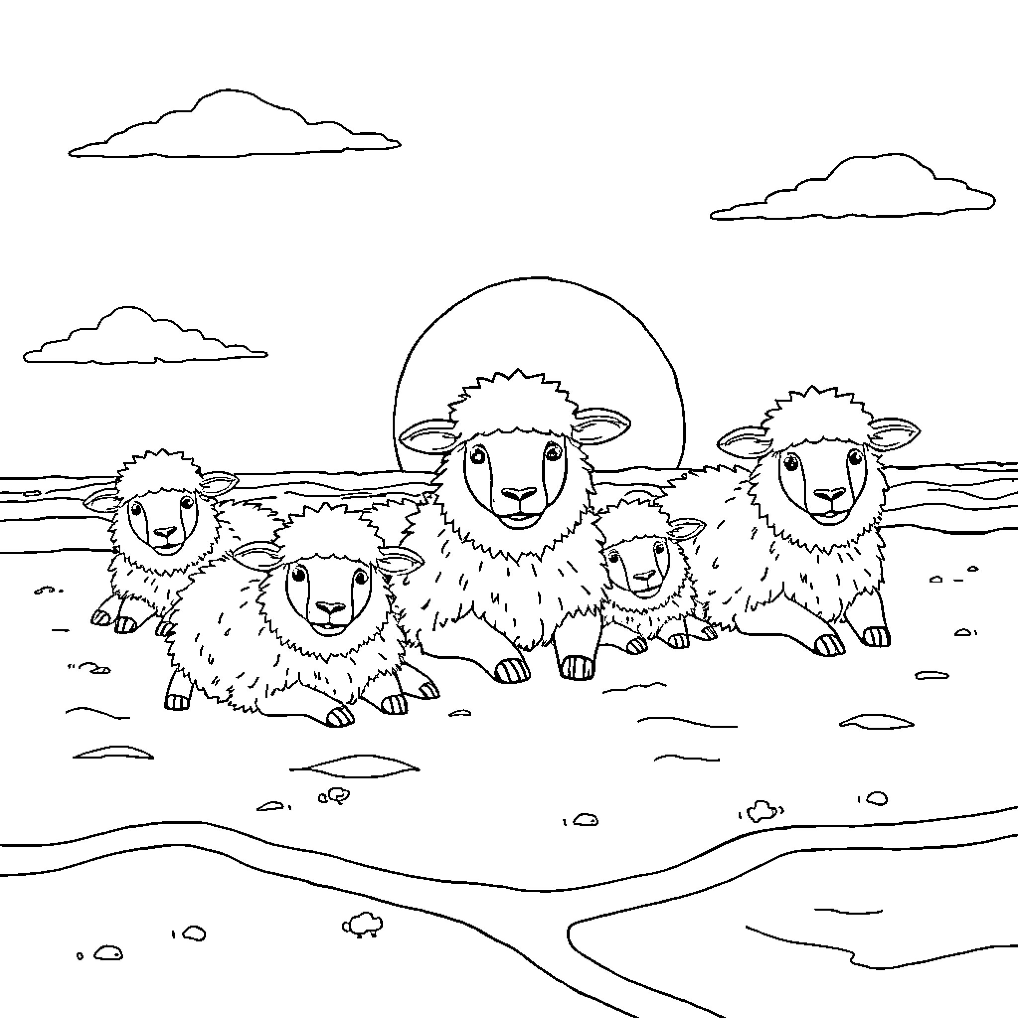 Sheep resting peacefully in the countryside Coloring Page (free black-and-white line drawing printable PDF for all, from beginners to advanced learners, including children, teens, adults, and seniors)