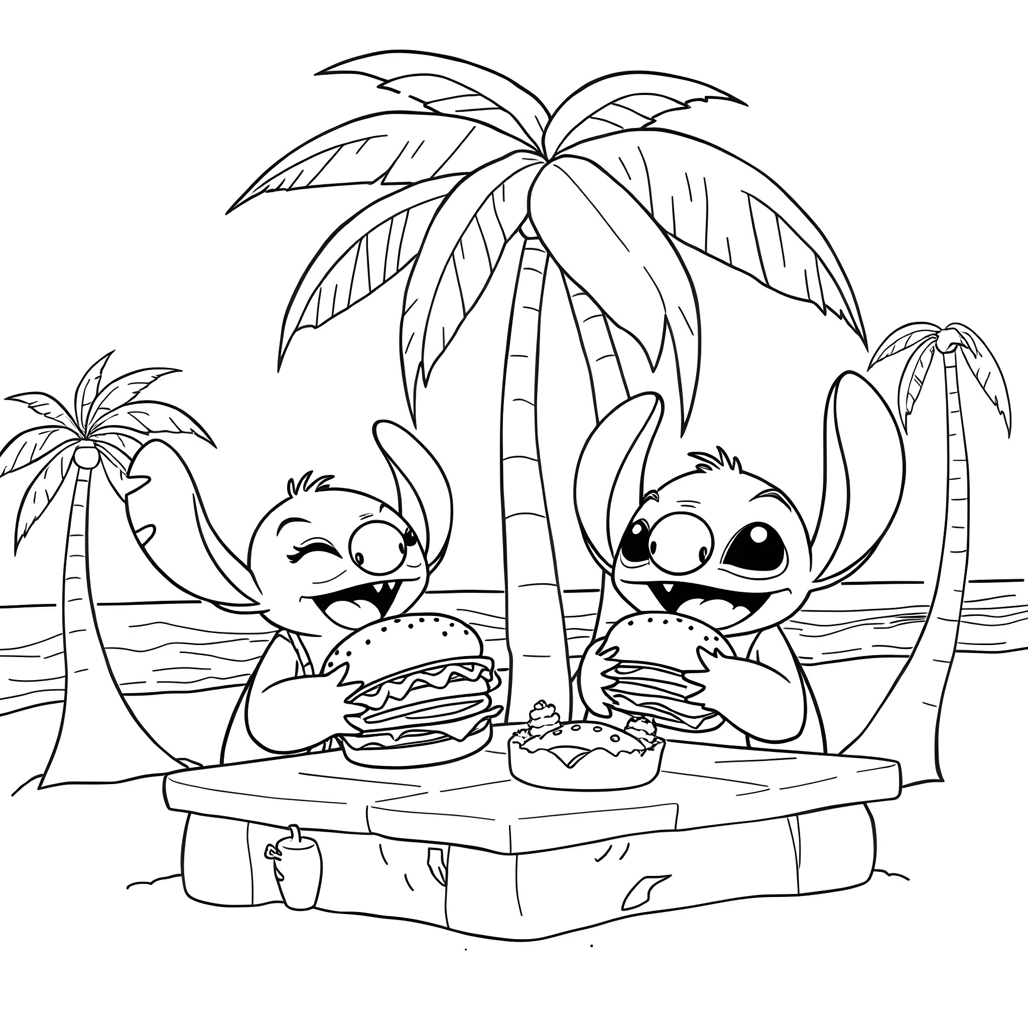 Lilo and Stitch enjoying a beachside picnic Coloring Page (free black-and-white line drawing printable PDF for all, from beginners to advanced learners, including children, teens, adults, and seniors)
