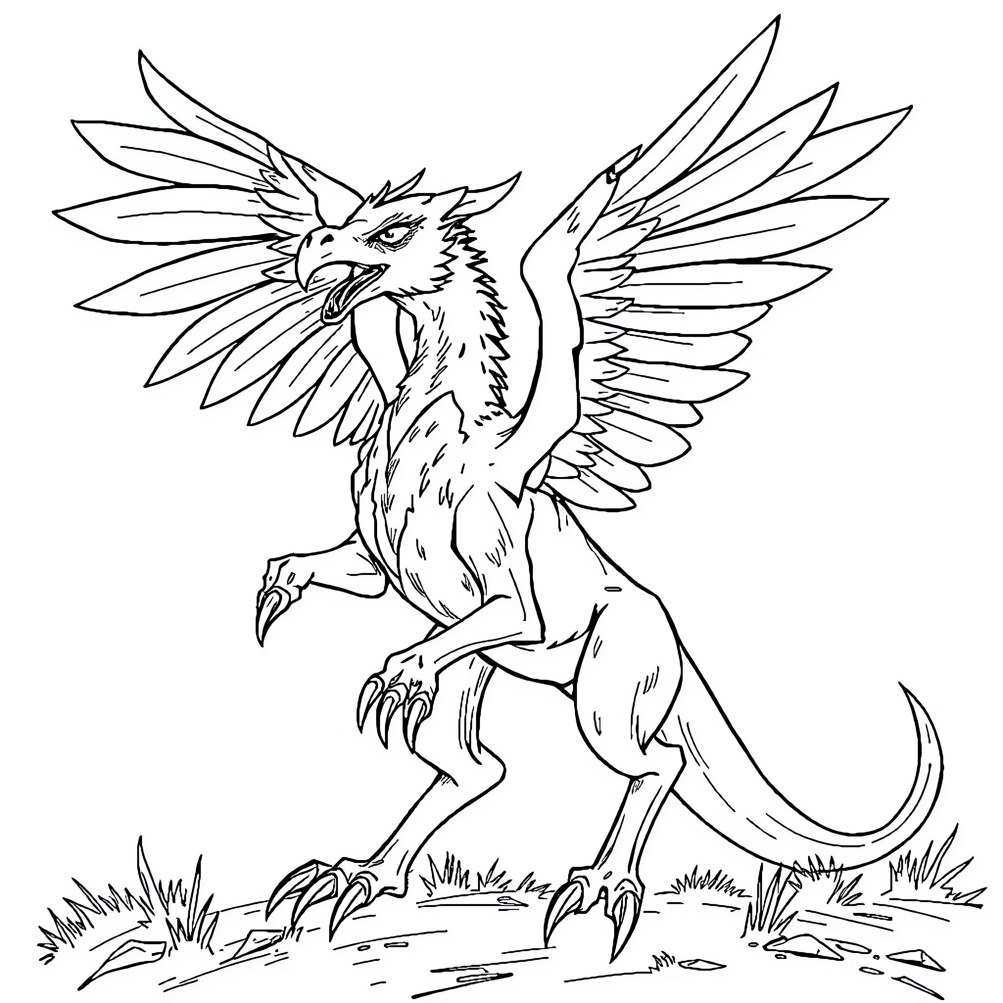 Hippogriff Spreading Majestic Wings Coloring Page (free black-and-white line drawing printable PDF for all, from beginners to advanced learners, including children, teens, adults, and seniors)