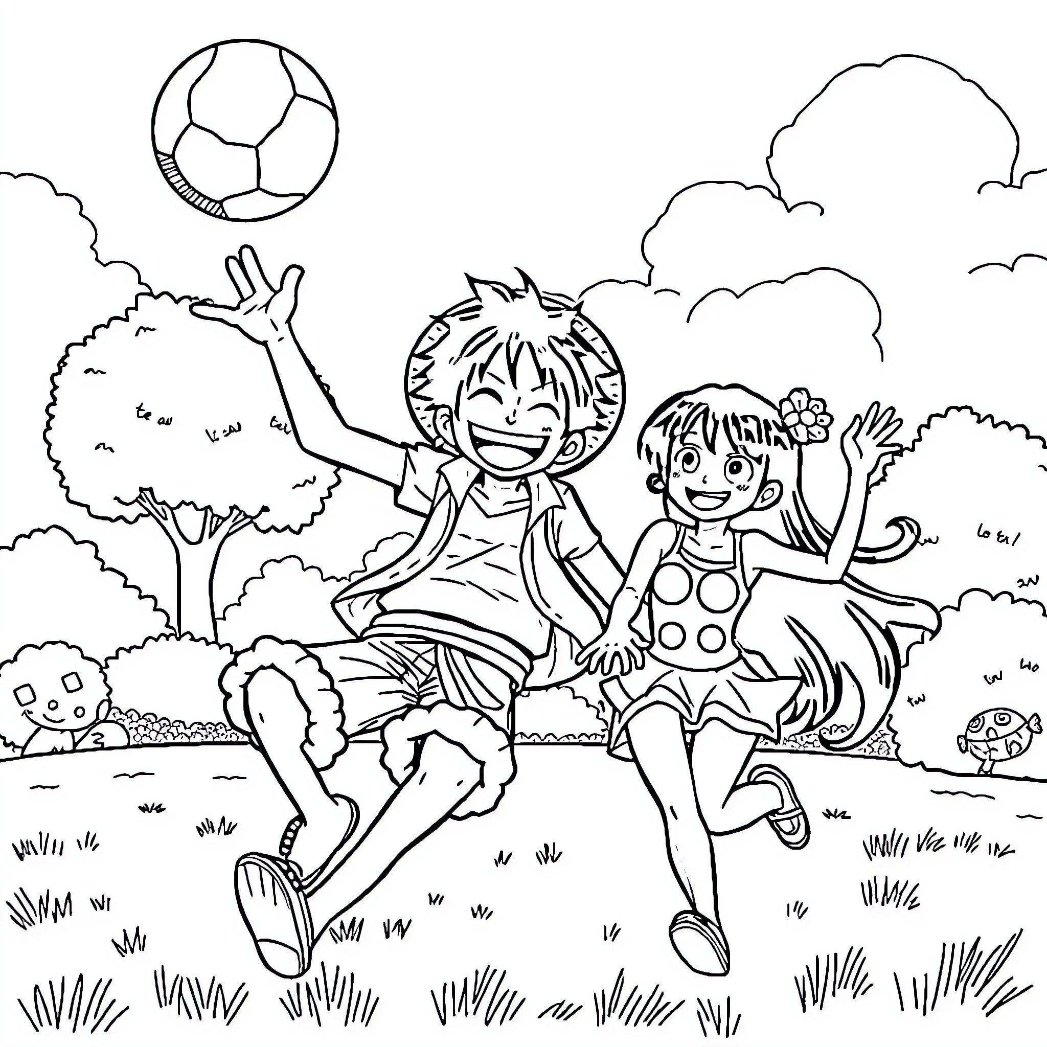 Luffy and friends playing happily outdoors Coloring Page (free black-and-white line drawing printable PDF for all, from beginners to advanced learners, including children, teens, adults, and seniors)