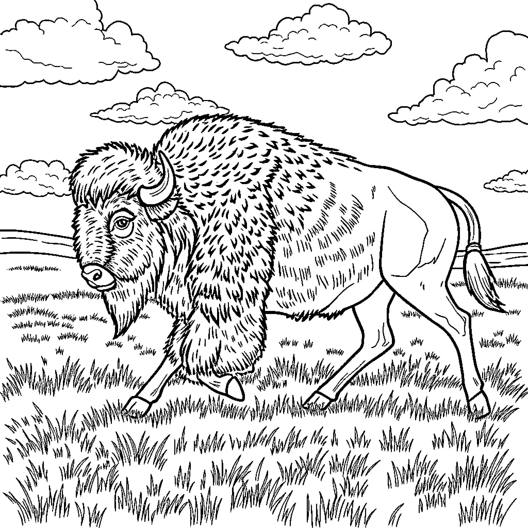 Bison standing majestically on the prairie Coloring Page (free black-and-white line drawing printable PDF for all, from beginners to advanced learners, including children, teens, adults, and seniors)