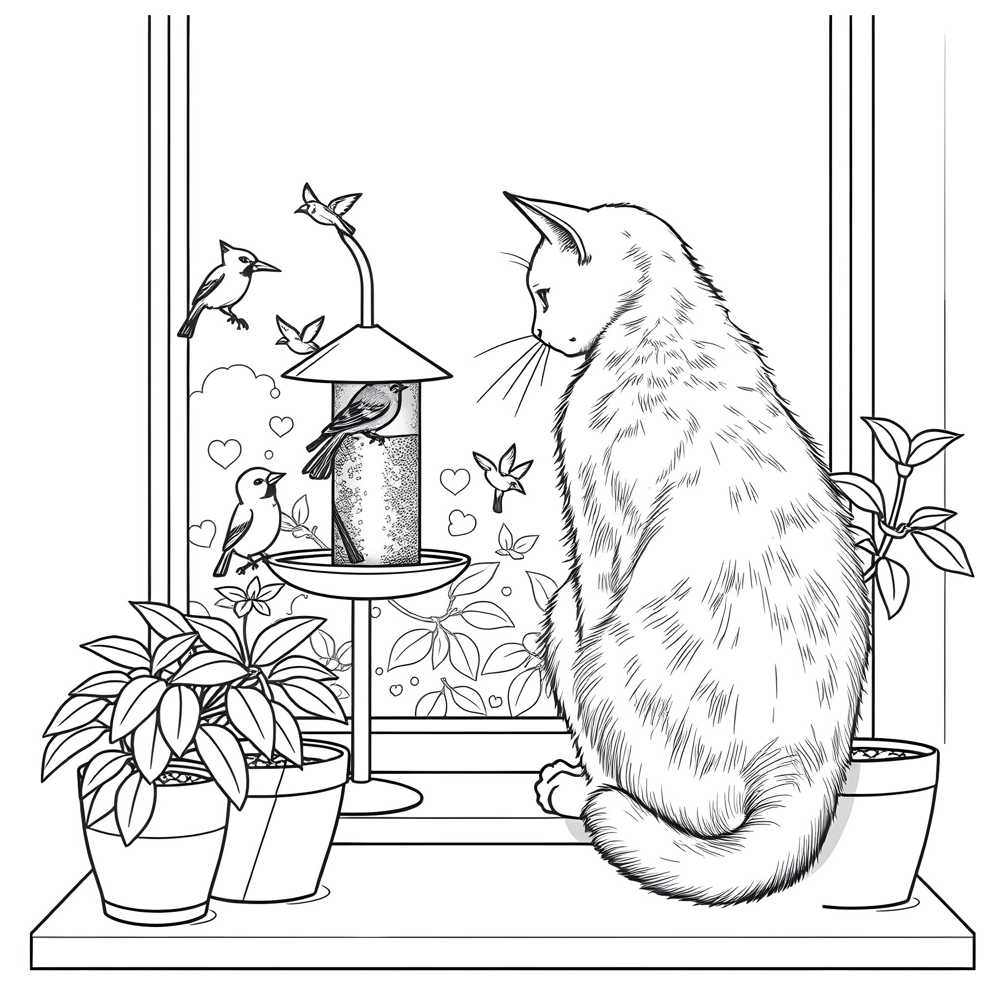 Cat watching birds at the birdhouse Coloring Page (free black-and-white line drawing printable PDF for all, from beginners to advanced learners, including children, teens, adults, and seniors)