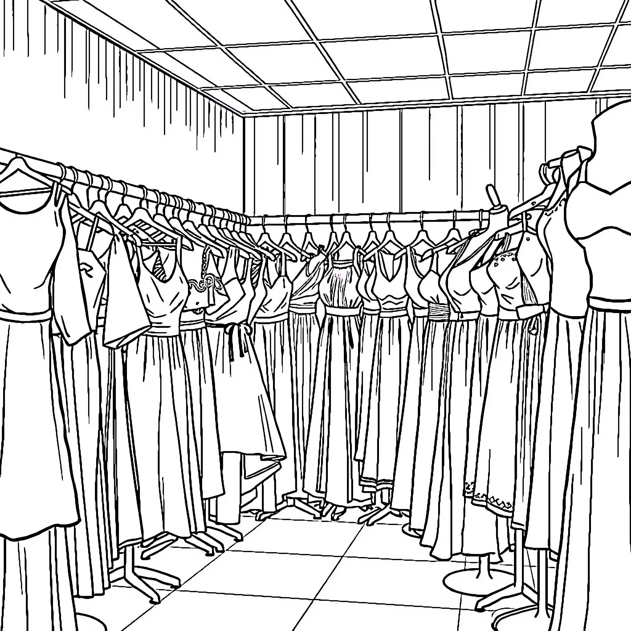 Dress Shopping in a Clothing Store Coloring Page (free black-and-white line drawing printable PDF for all, from beginners to advanced learners, including children, teens, adults, and seniors)