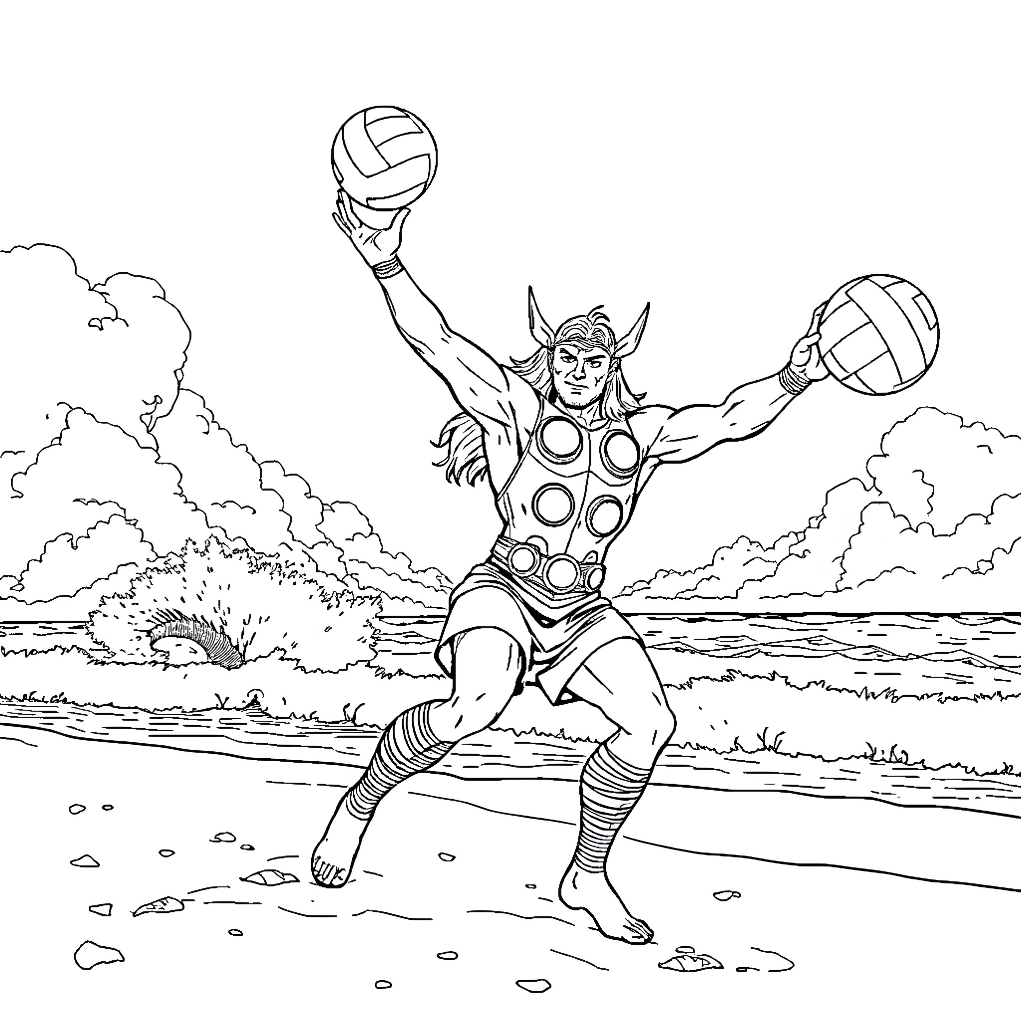 Thor playing volleyball on the beach Coloring Page (free black-and-white line drawing printable PDF for all, from beginners to advanced learners, including children, teens, adults, and seniors)