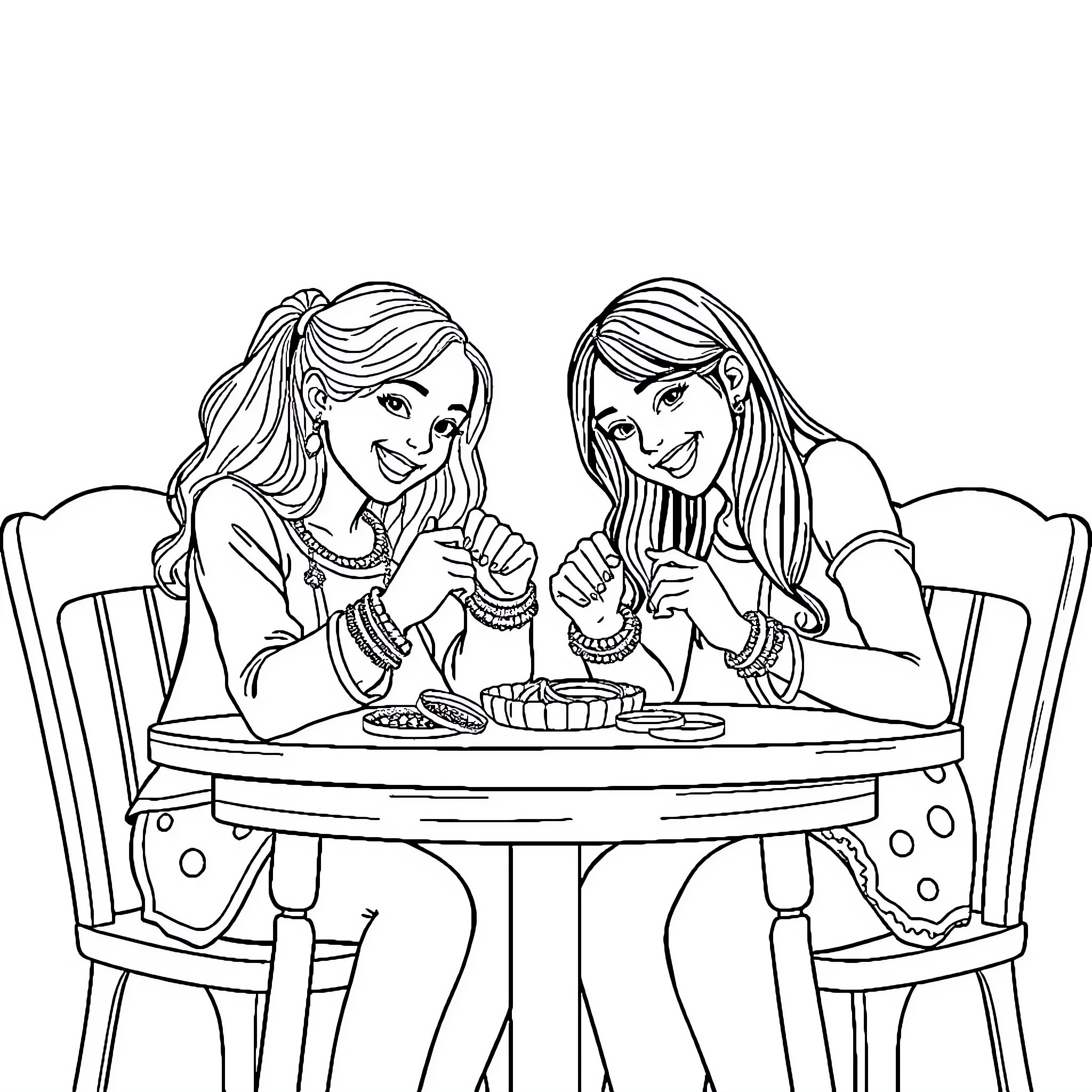 BFF Enjoying Tasty Treats Together Coloring Page (free black-and-white line drawing printable PDF for all, from beginners to advanced learners, including children, teens, adults, and seniors)